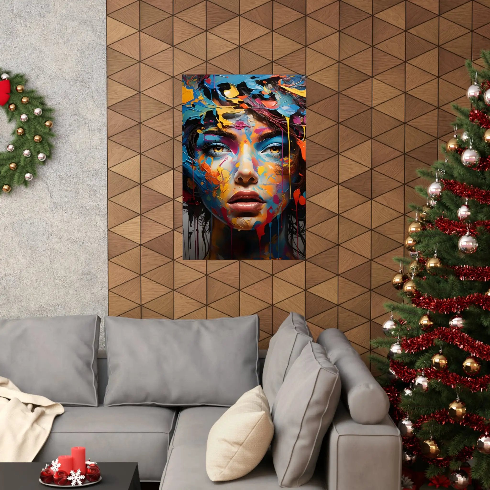 Kawaii Posters | a living room with a couch and a Christmas tree