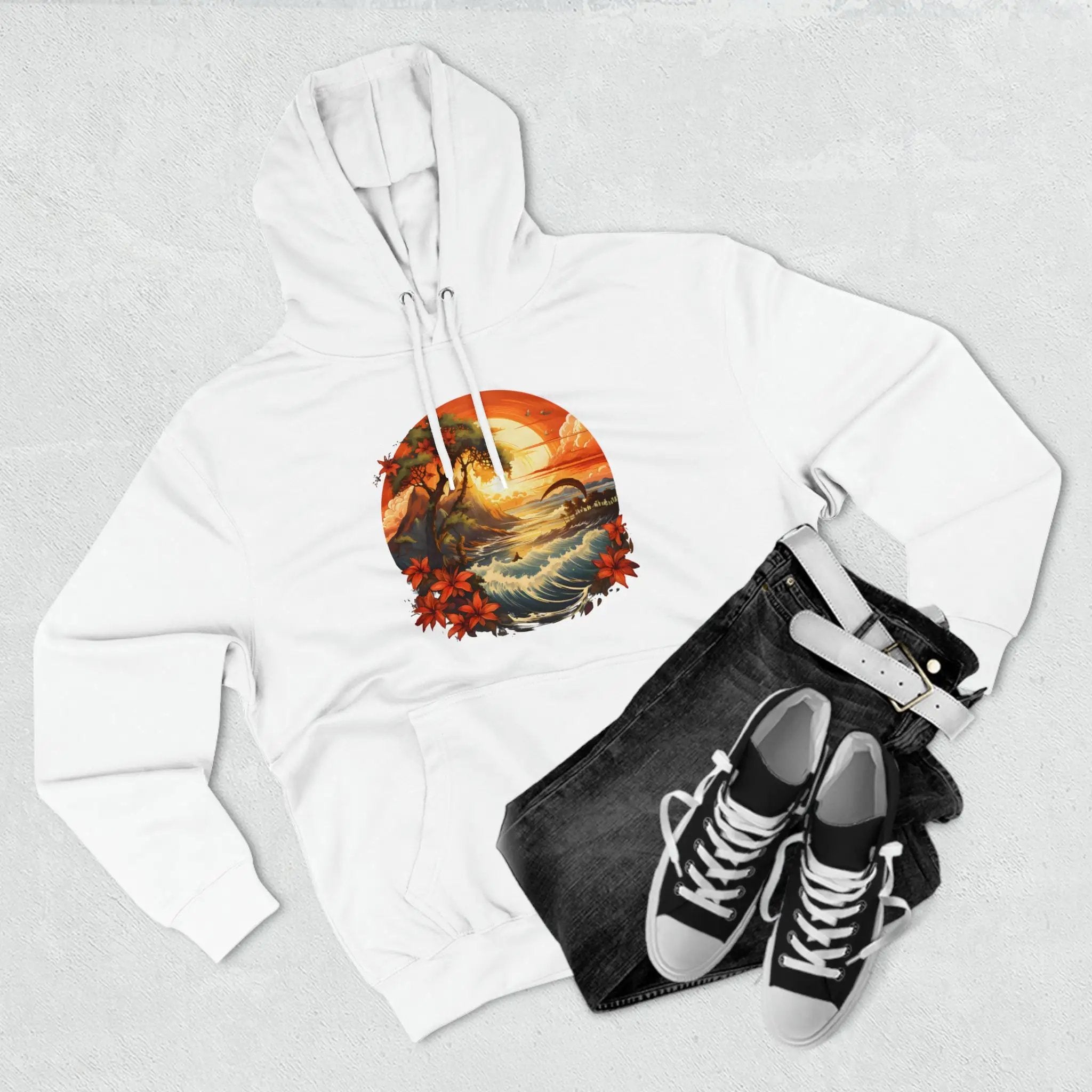 pullover hoodie | a white hoodie with a picture of a wave on it