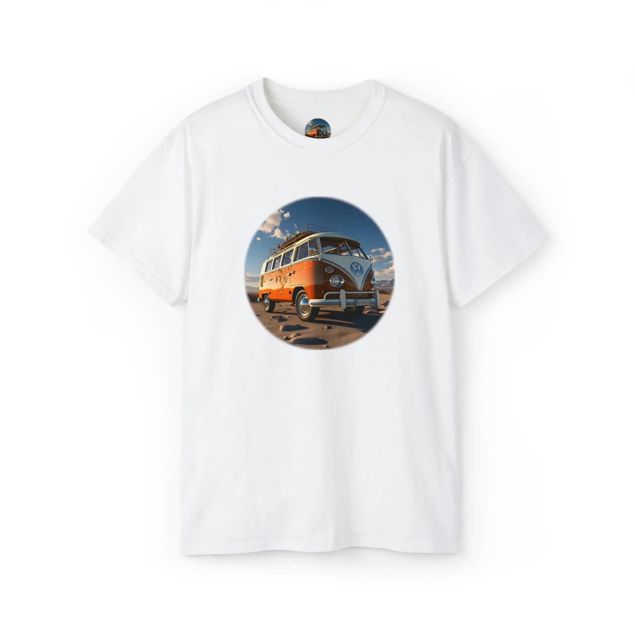 men tee graphic | a white t - shirt with an orange bus on it