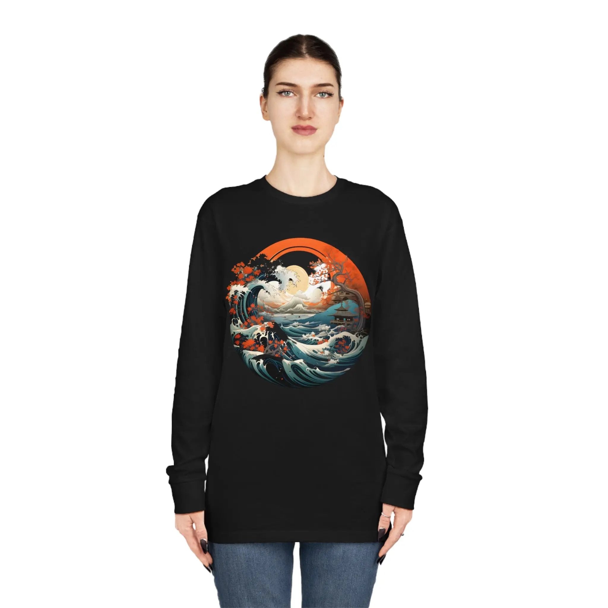 Long Sleeve t shirt | a woman wearing a black shirt with an image of a wave