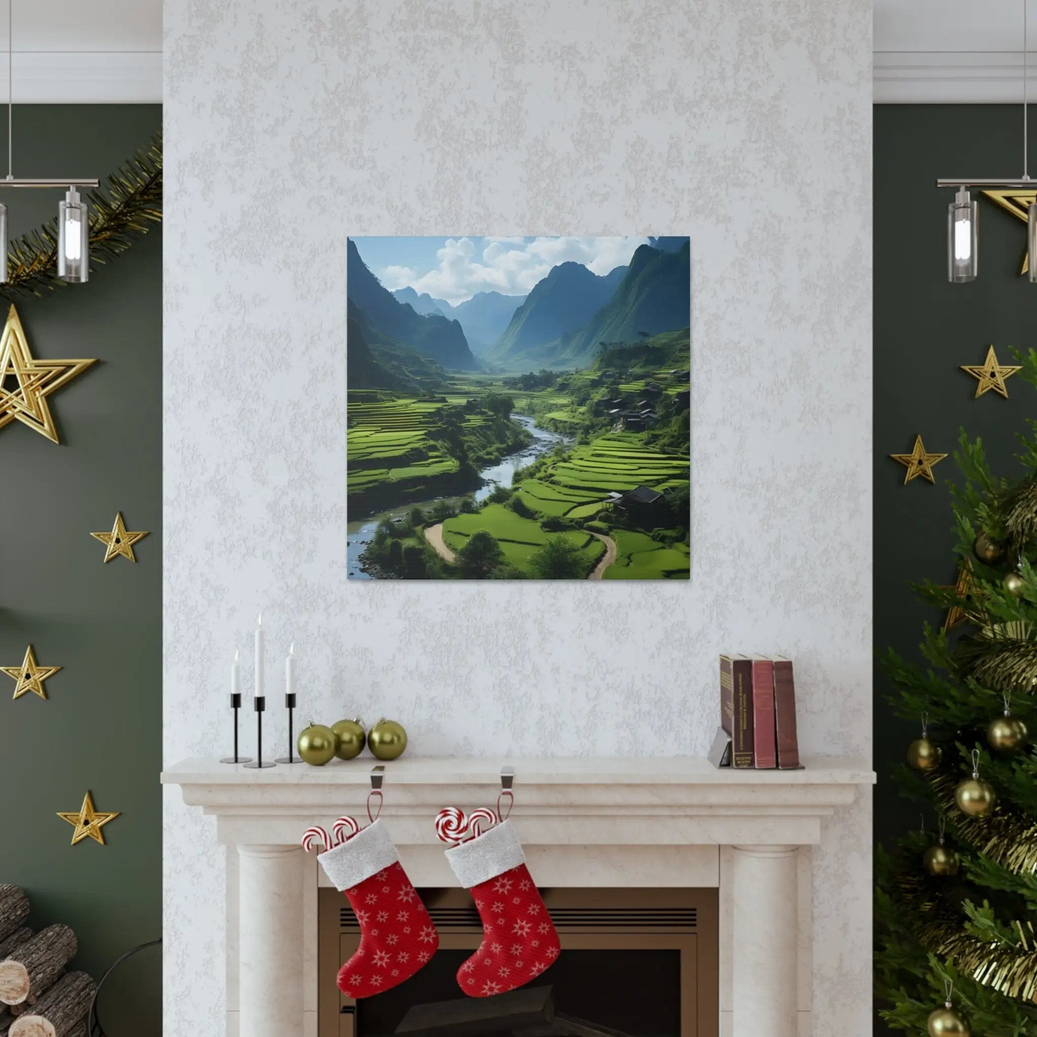 Canvas Gallery Wraps | a living room with a fire place and a Christmas tree