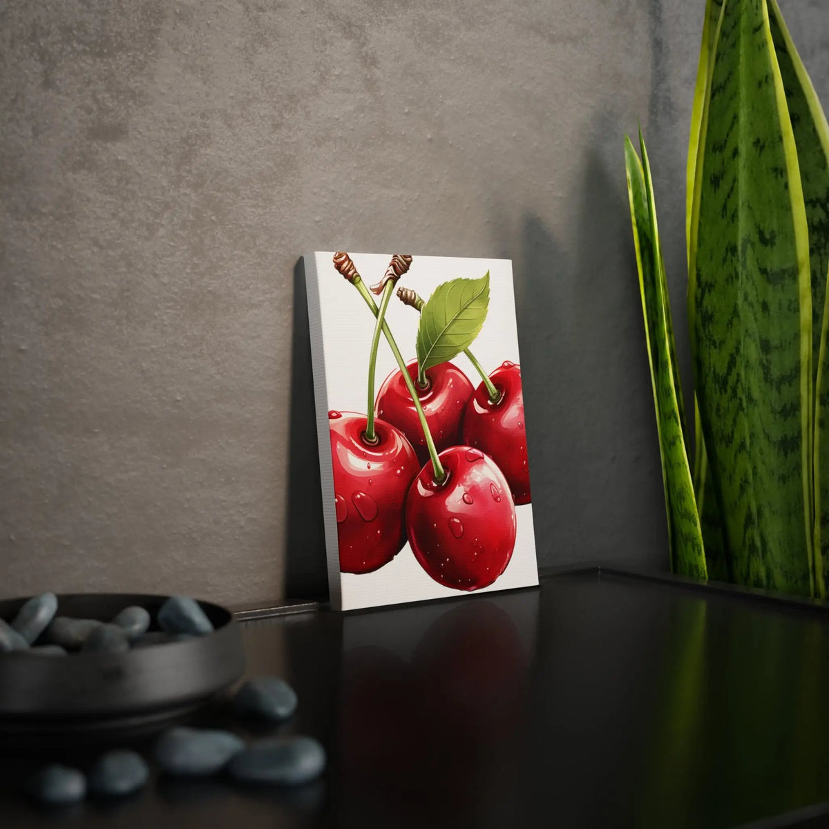 Canvas Gallery Wraps | a painting of three cherries on a table next to a potted plant