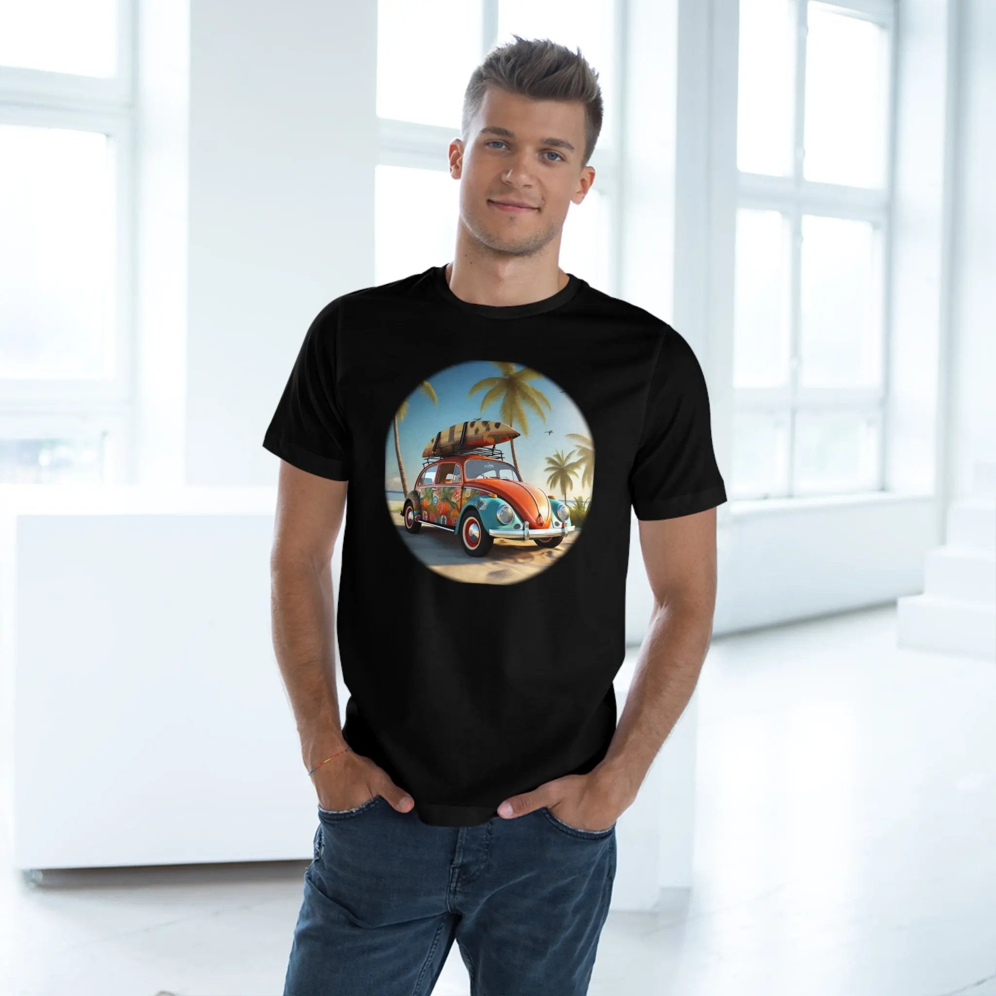 graphic men shirt | a man standing in front of a window wearing a black shirt