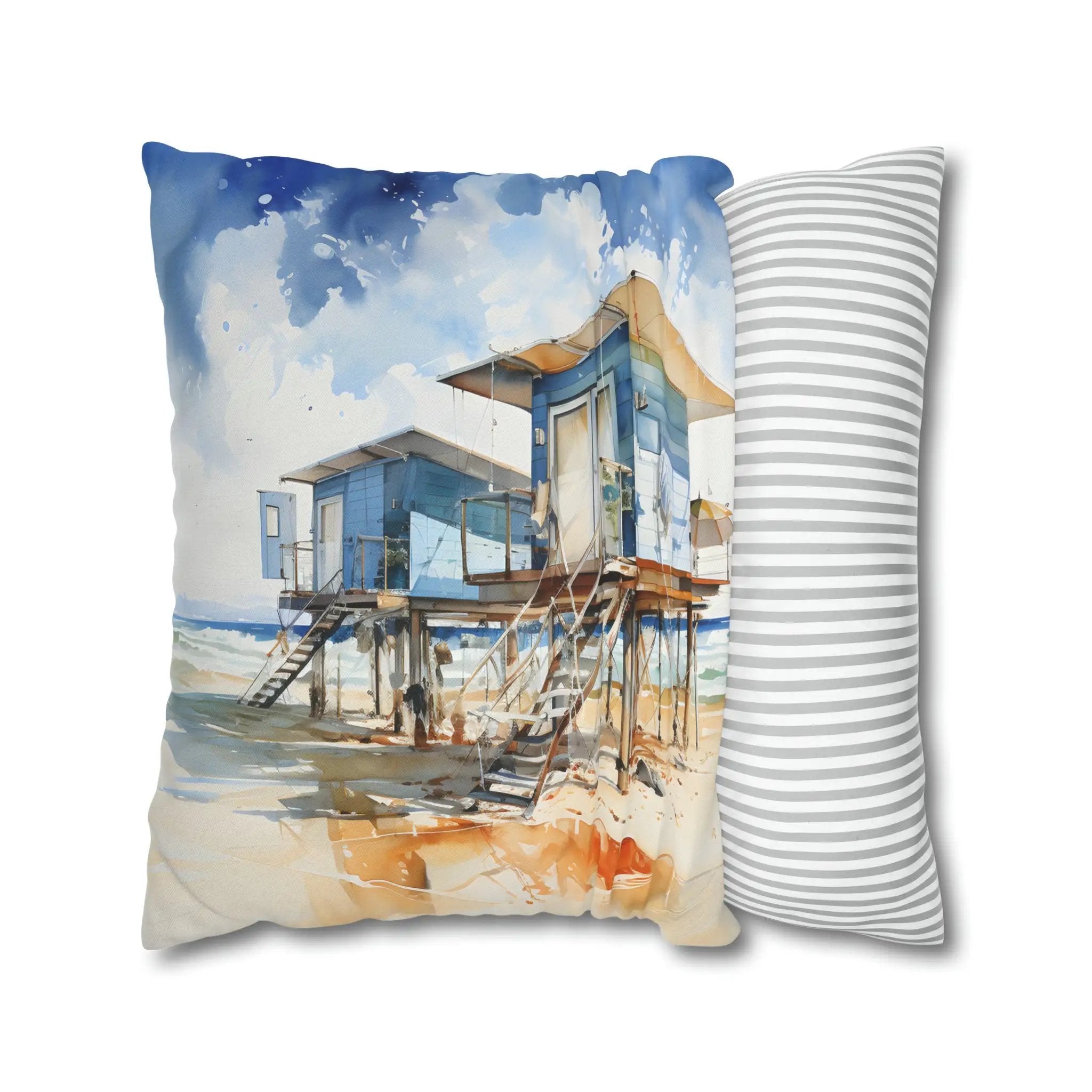 pillow cover | a pillow with a painting of a beach house on it