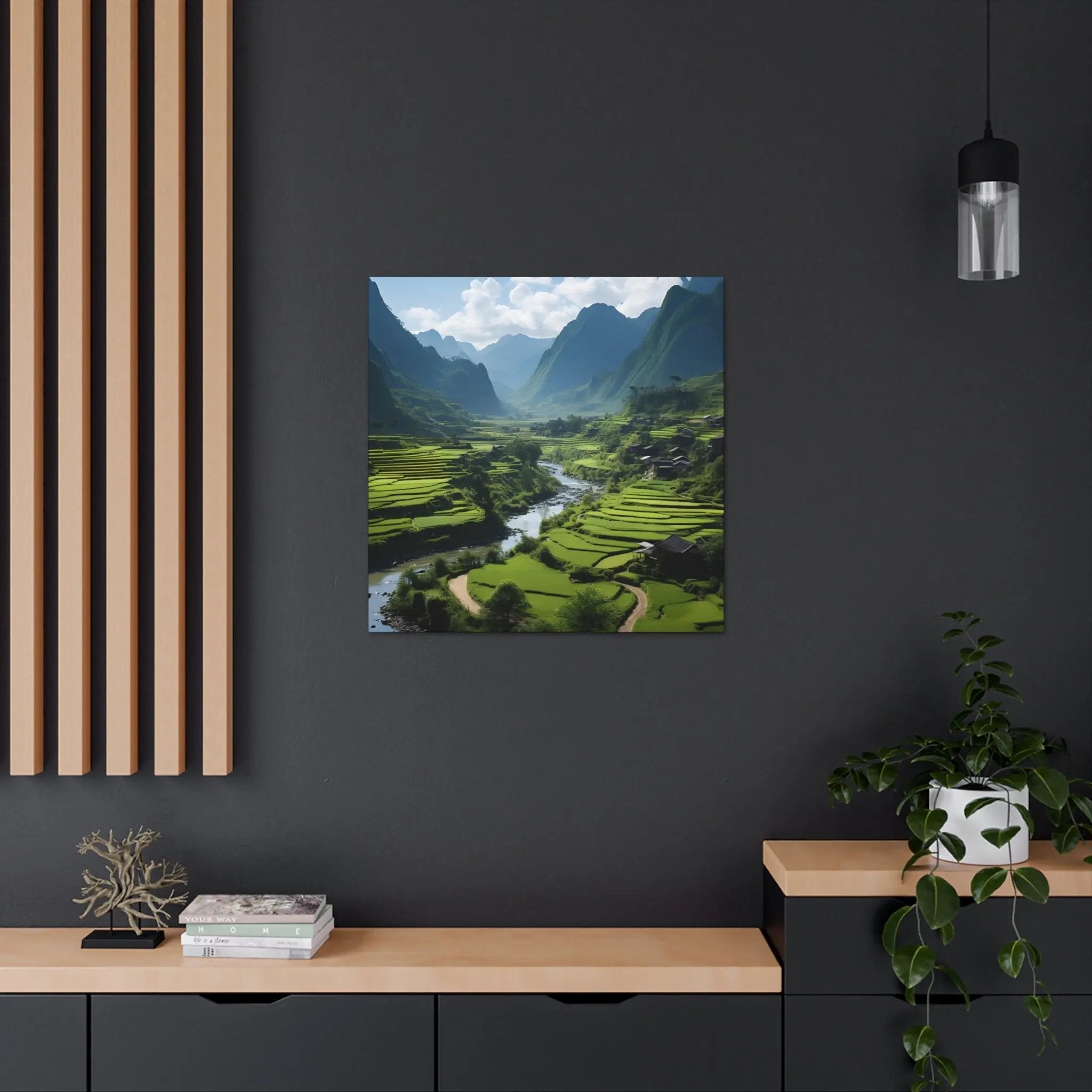 Canvas Gallery Wraps | a painting of a valley with mountains in the background