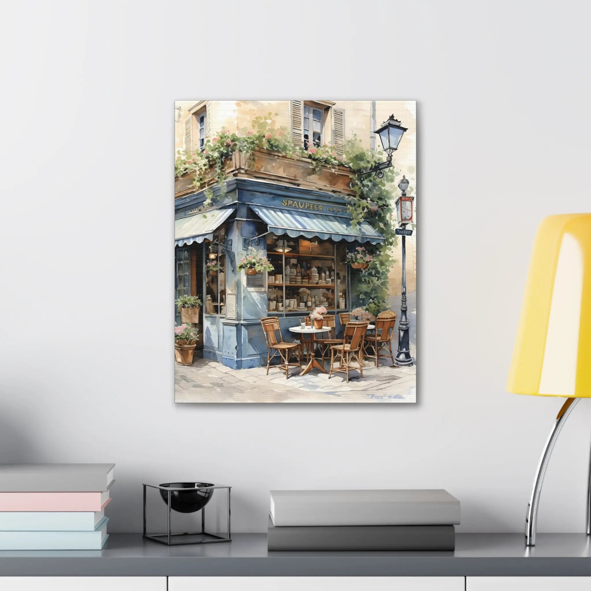 Canvas Gallery Wraps | a painting of a restaurant with a blue awning