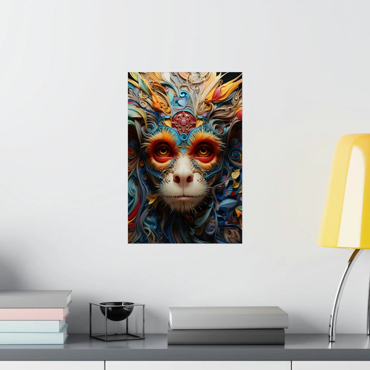 Kawaii Posters | a painting of a cat with red eyes on a white wall