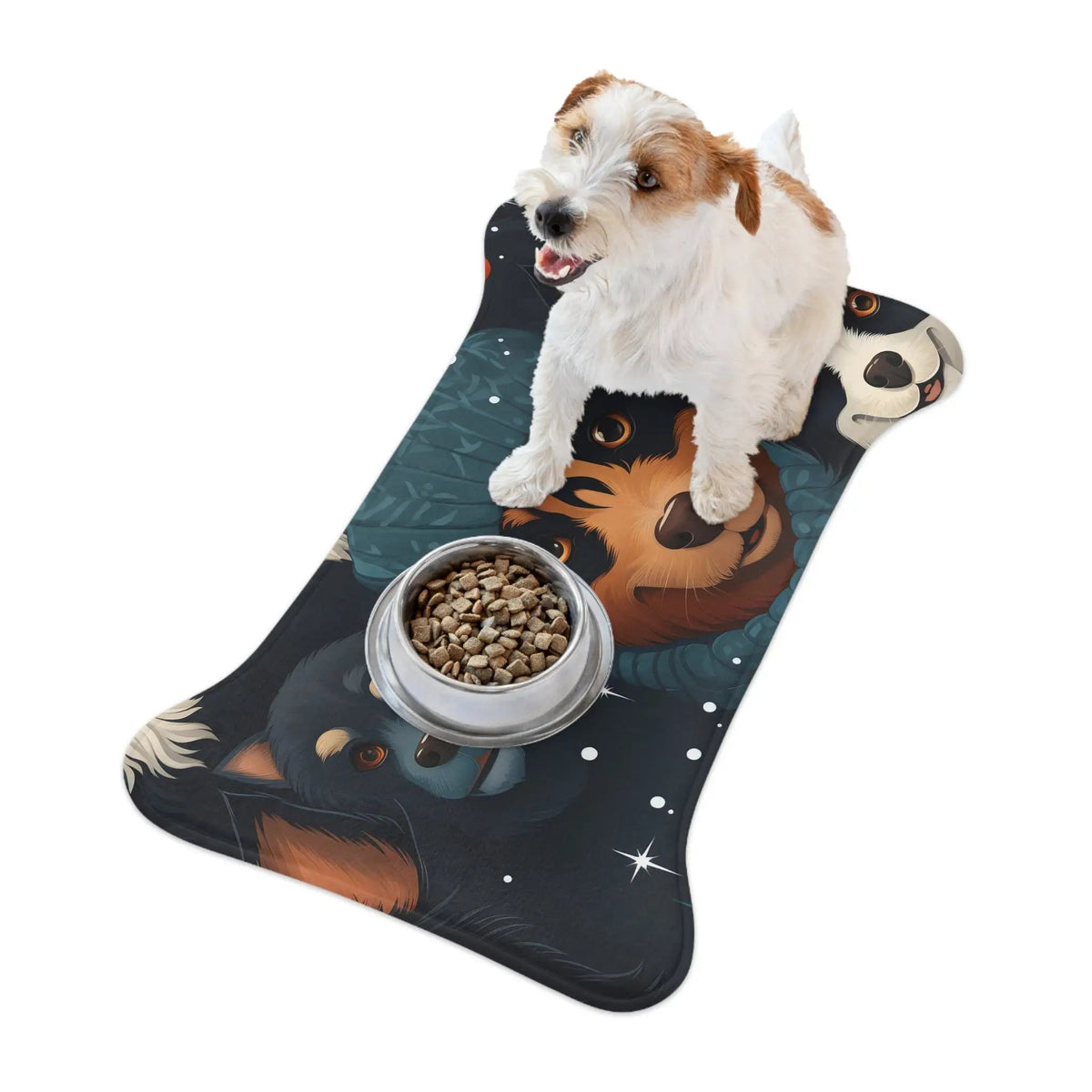 Pet Feeding Mats | a dog standing on a mat with a bowl of food