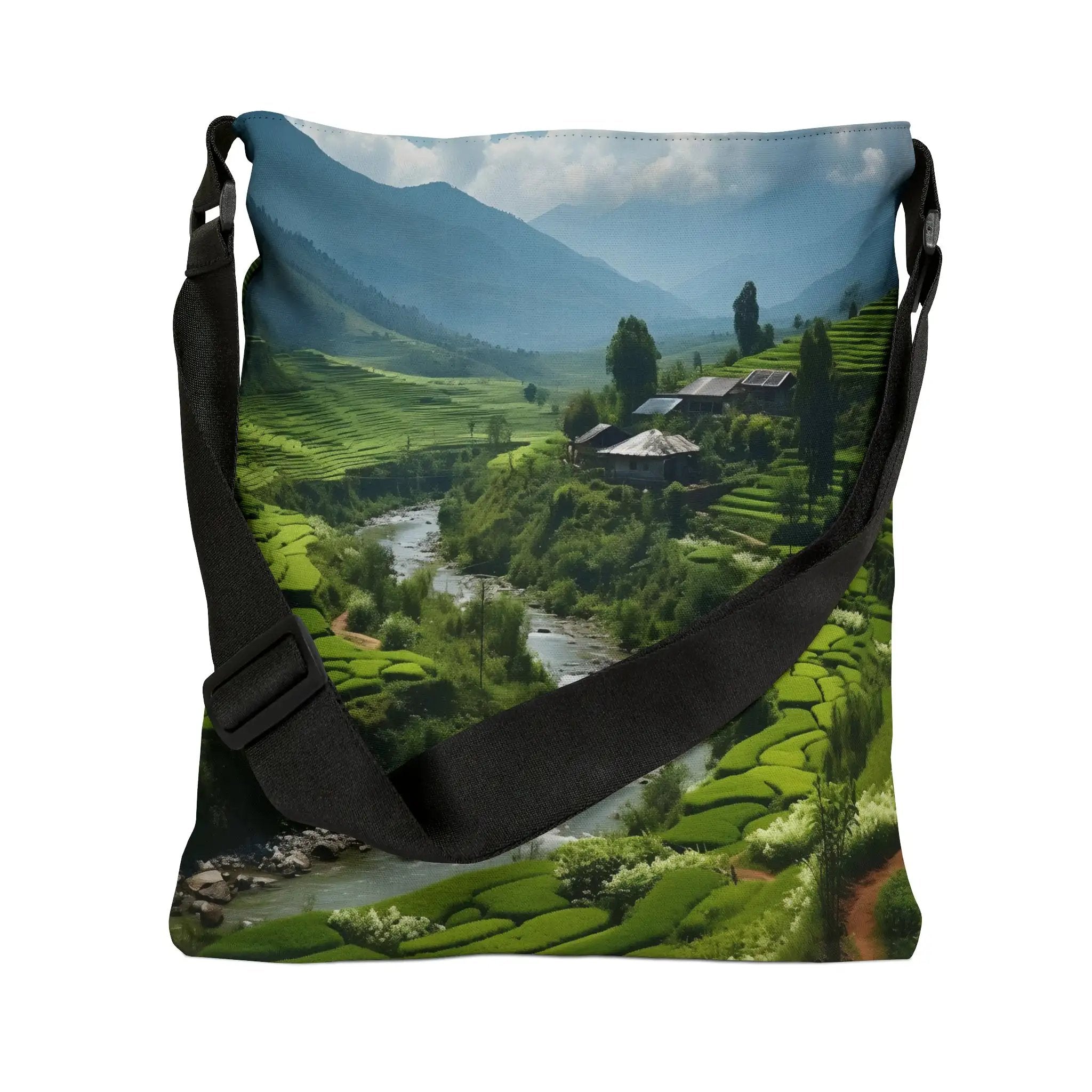 Weekender tote bag | a bag with a picture of a green valley