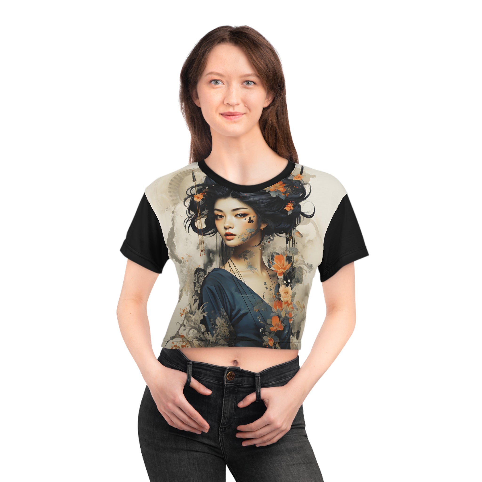 Crop shirts for women | a woman wearing a t - shirt with a picture of a woman on it