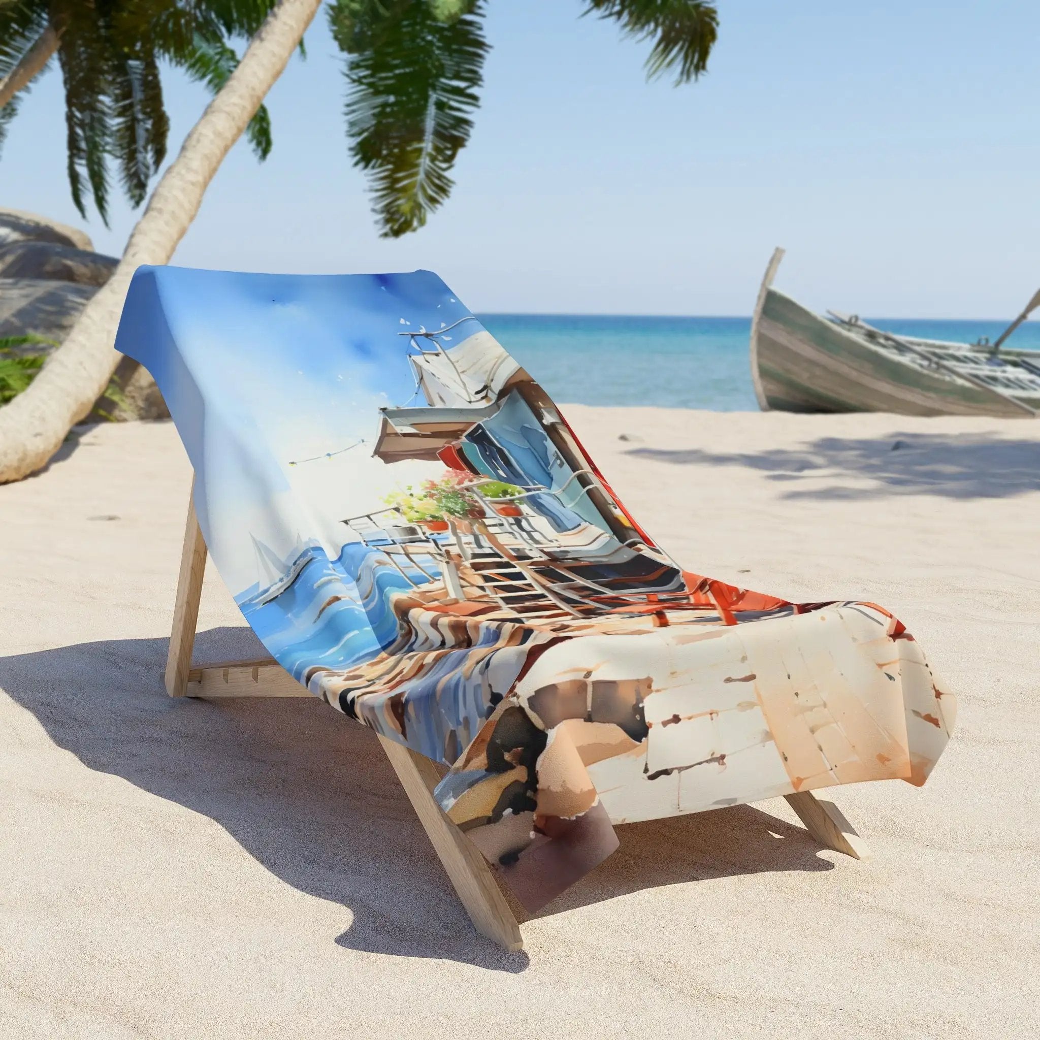 Best bath towel | a beach chair with a painting of a beach scene on it