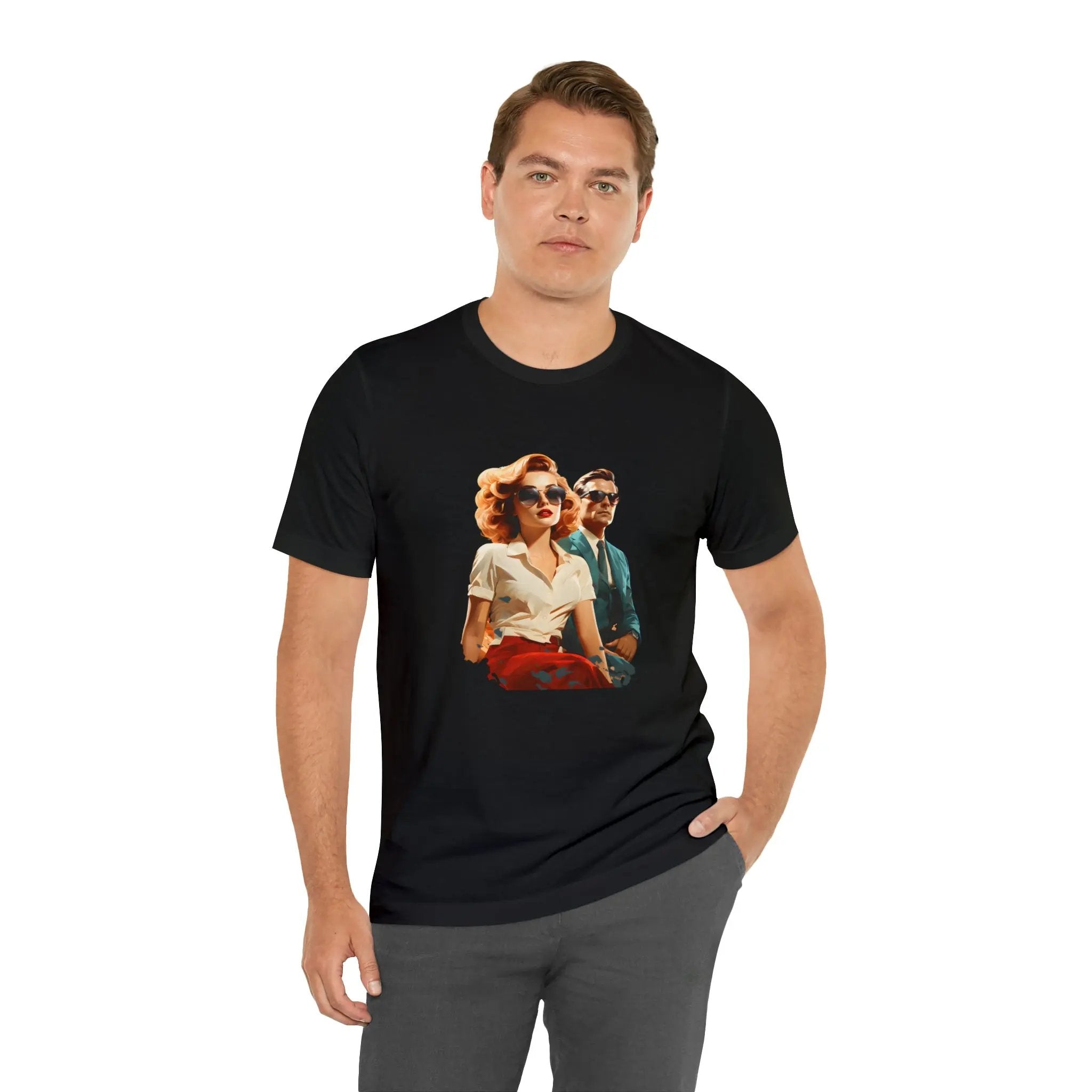 Couple t shirt | a man wearing a black t - shirt with a picture of two women on it