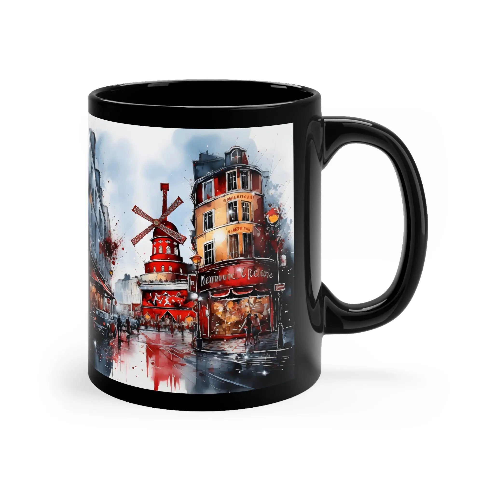 Mugs coffee | a black coffee mug with a picture of a windmill