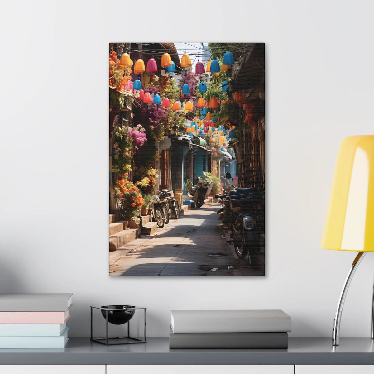 Canvas Gallery Wraps | a picture of a street with a bunch of flowers hanging from the ceiling