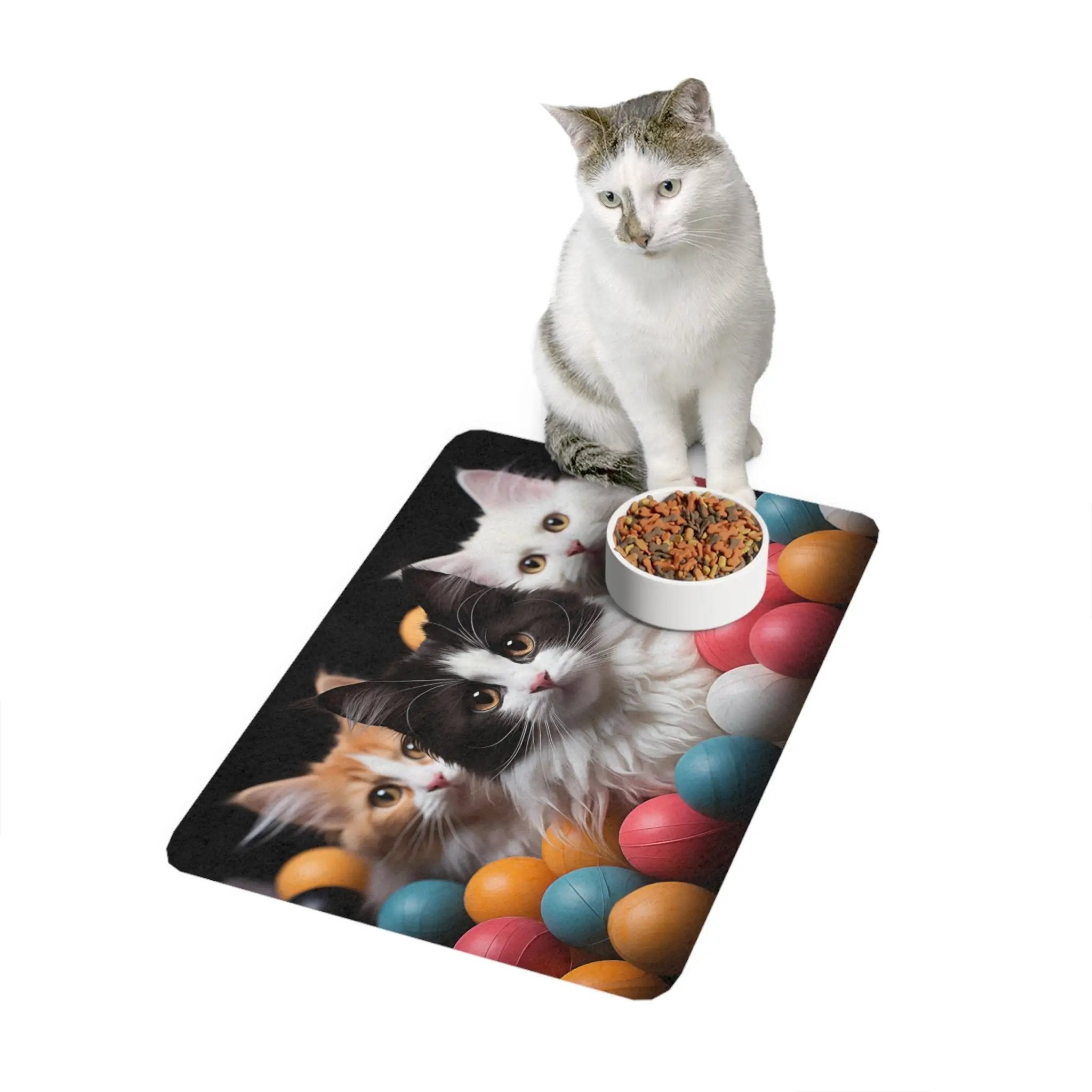 Pet Feeding Mats | a cat sitting on top of a bowl of food