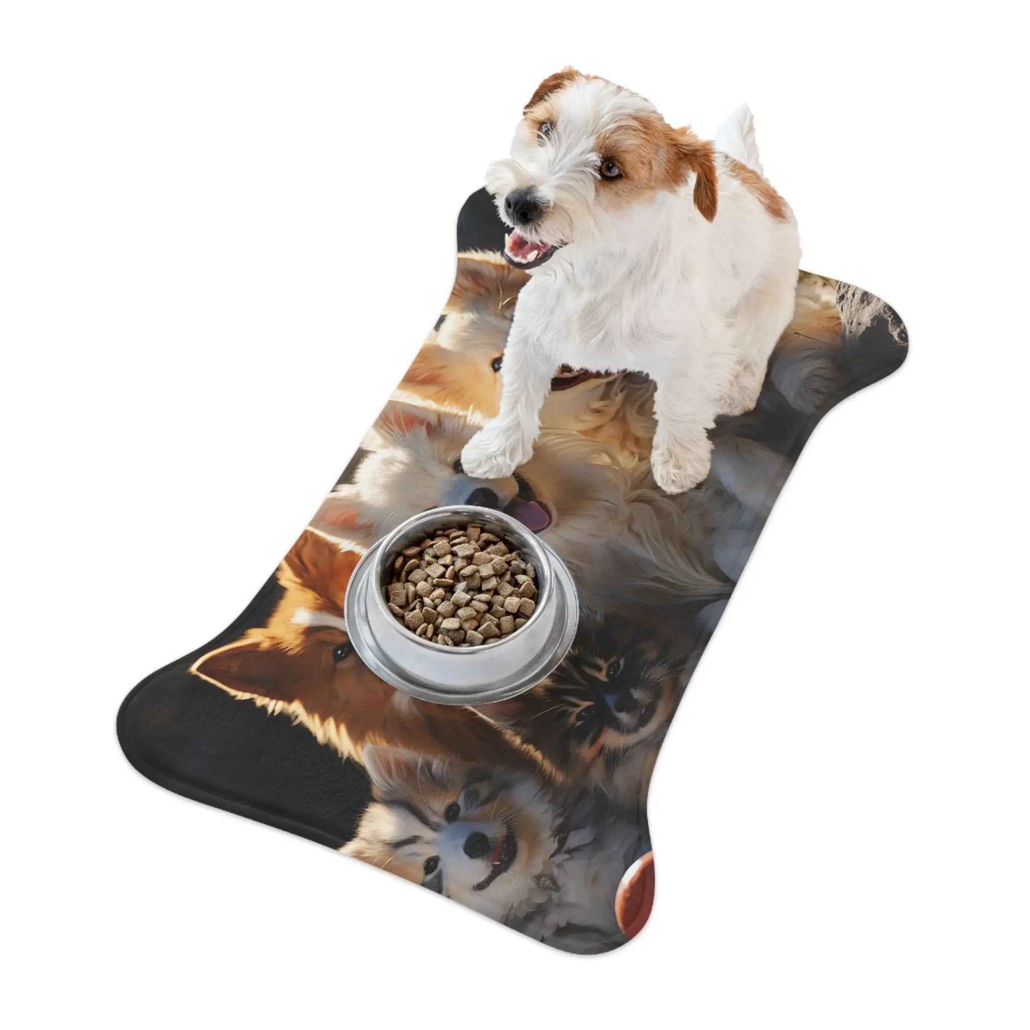 Pet Feeding Mats | a dog standing on top of a mat with a bowl of food