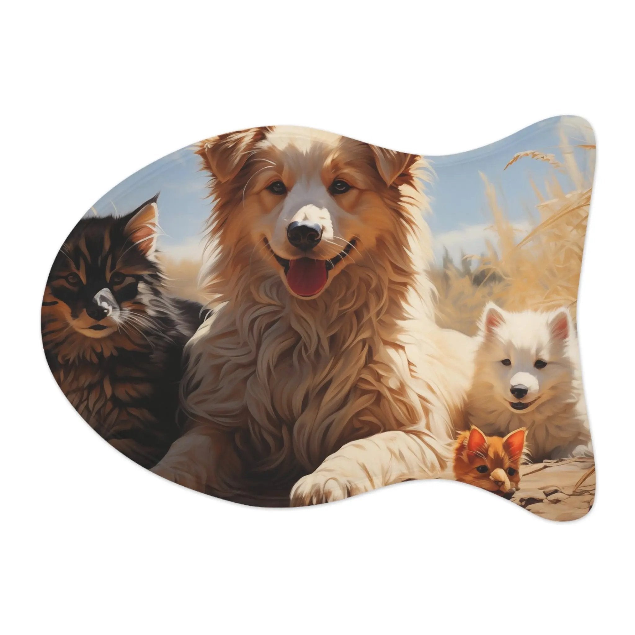 Pet Feeding Mats | a picture of a dog and three kittens