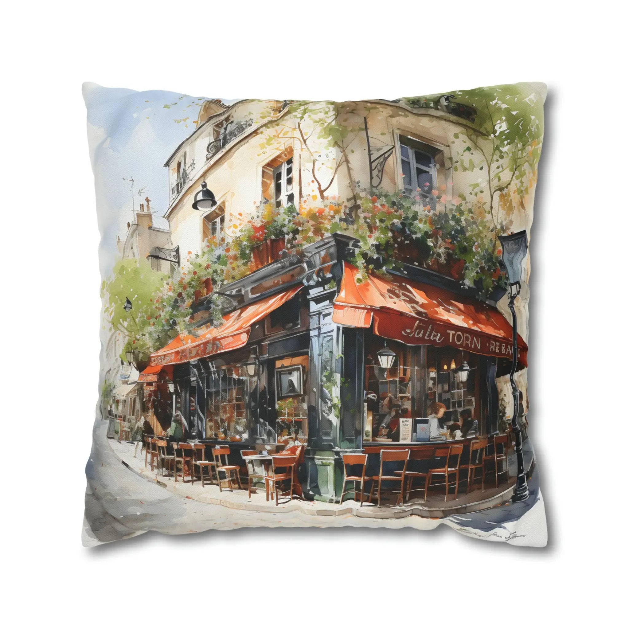 pillow cover | a pillow with a painting of a restaurant