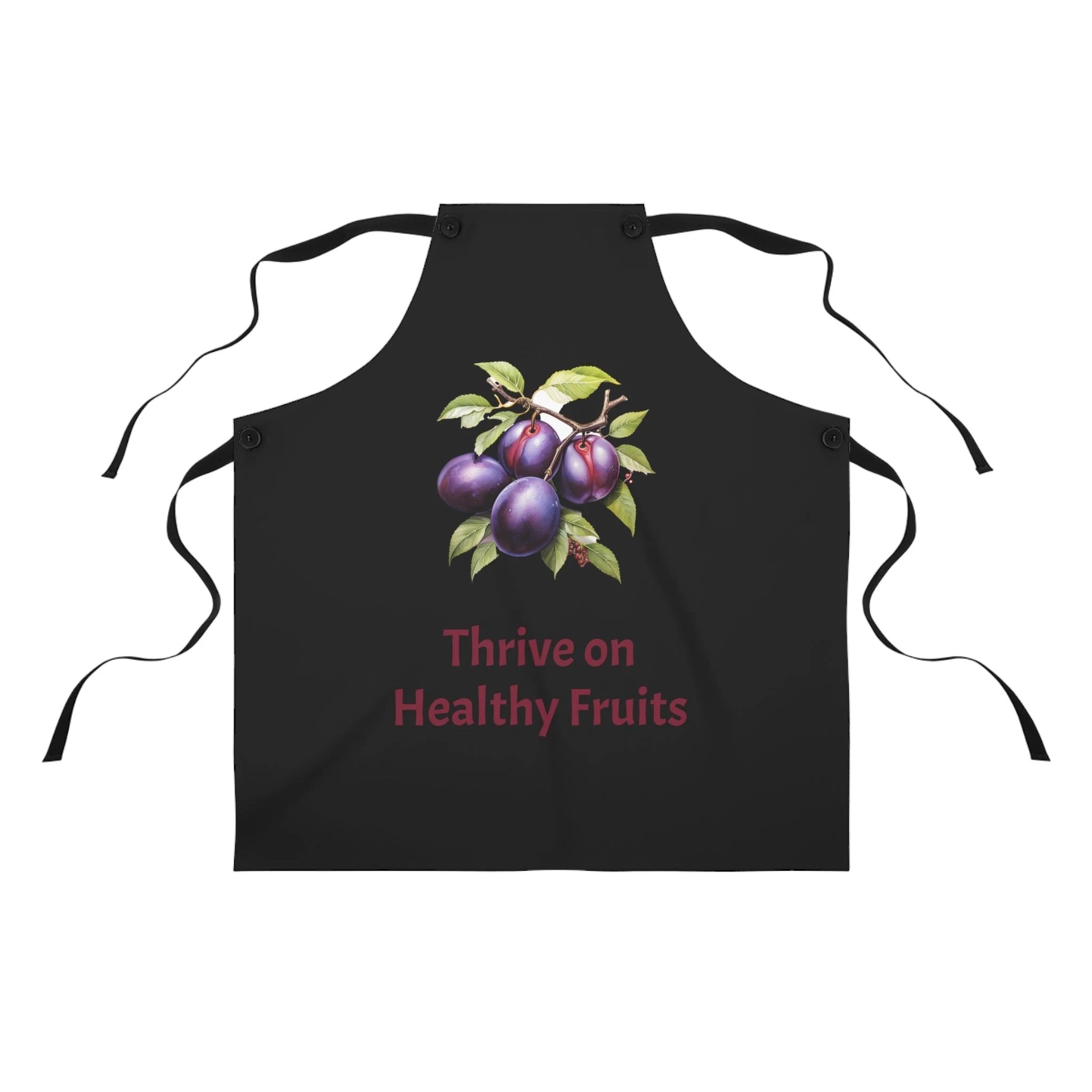 Chef Apron | a black apron with fruit on it that says thrive on healthy fruits