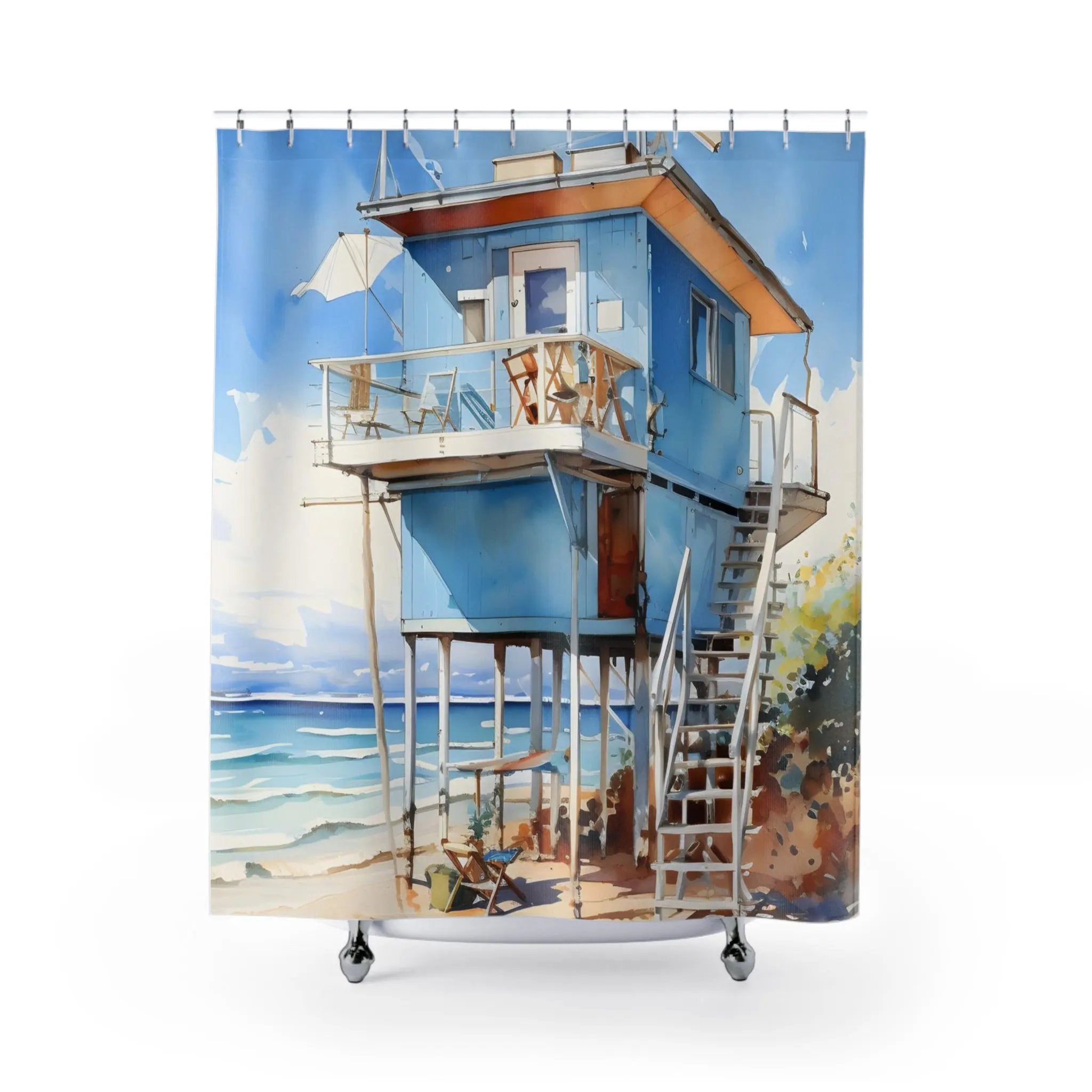 shower curtain rod | a shower curtain with a painting of a lifeguard tower