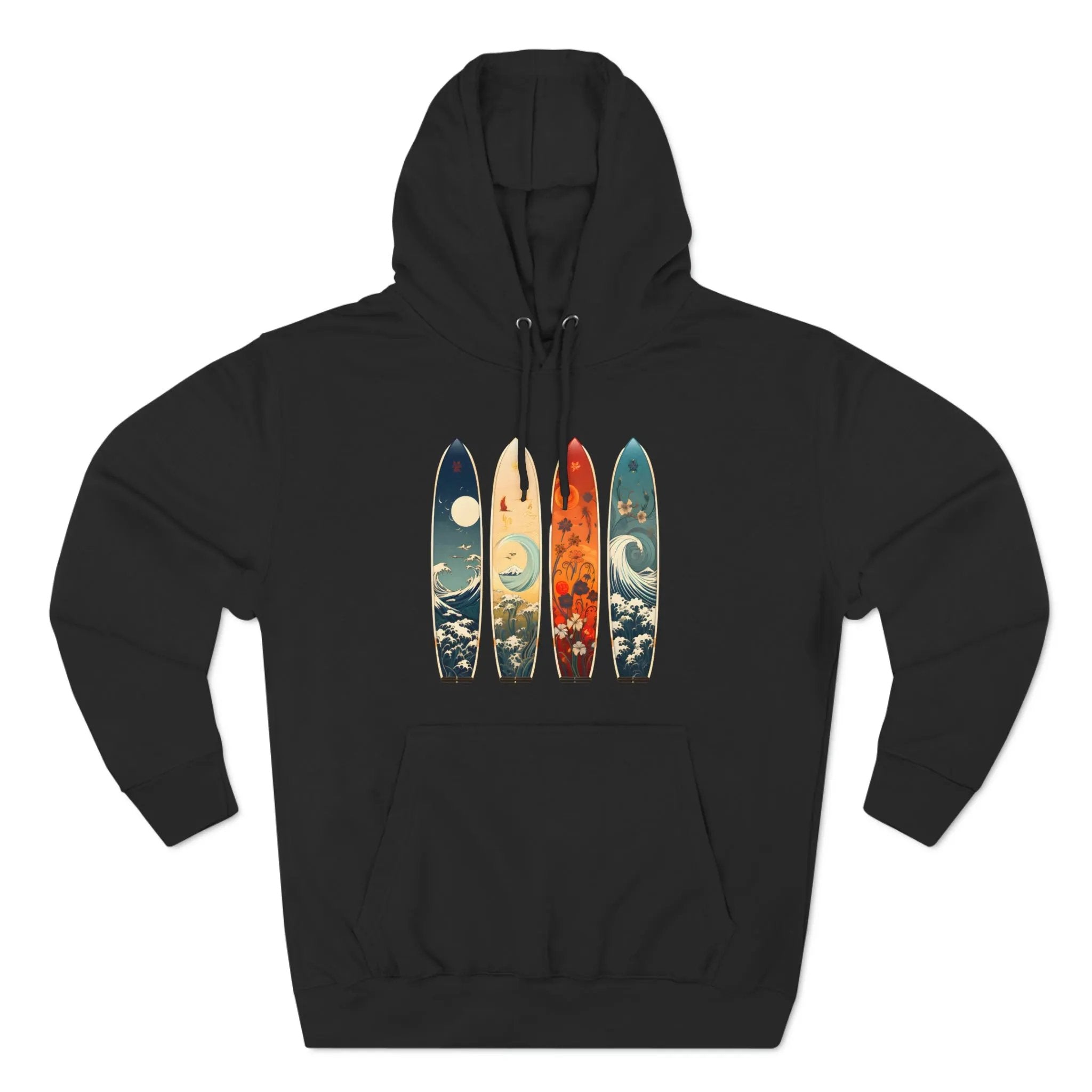 pullover hoodie | a black hoodie with three surfboards on it