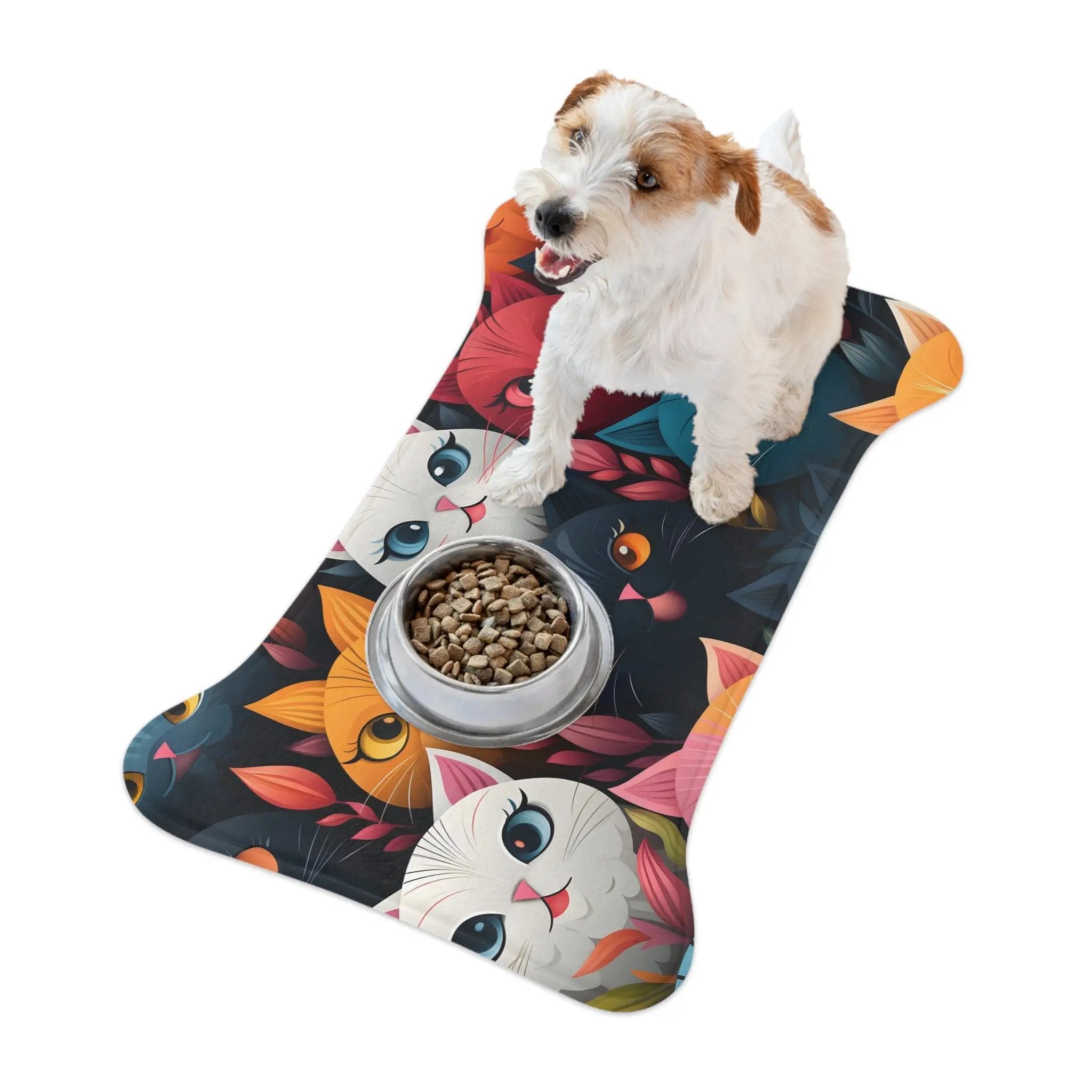 Pet Feeding Mats | a dog is standing on a mat with a bowl of food