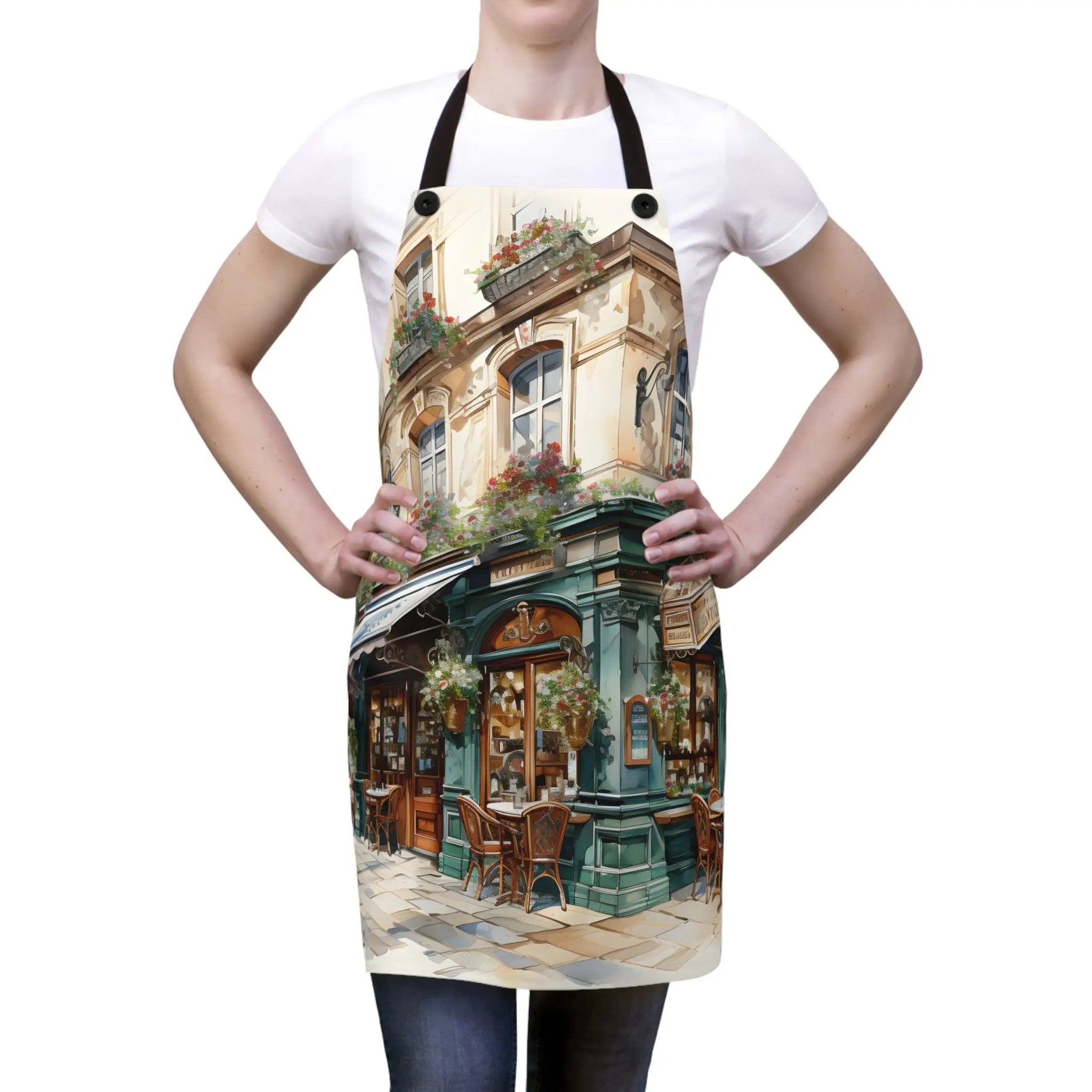 Chef Apron | a woman wearing an apron with a picture of a restaurant on it