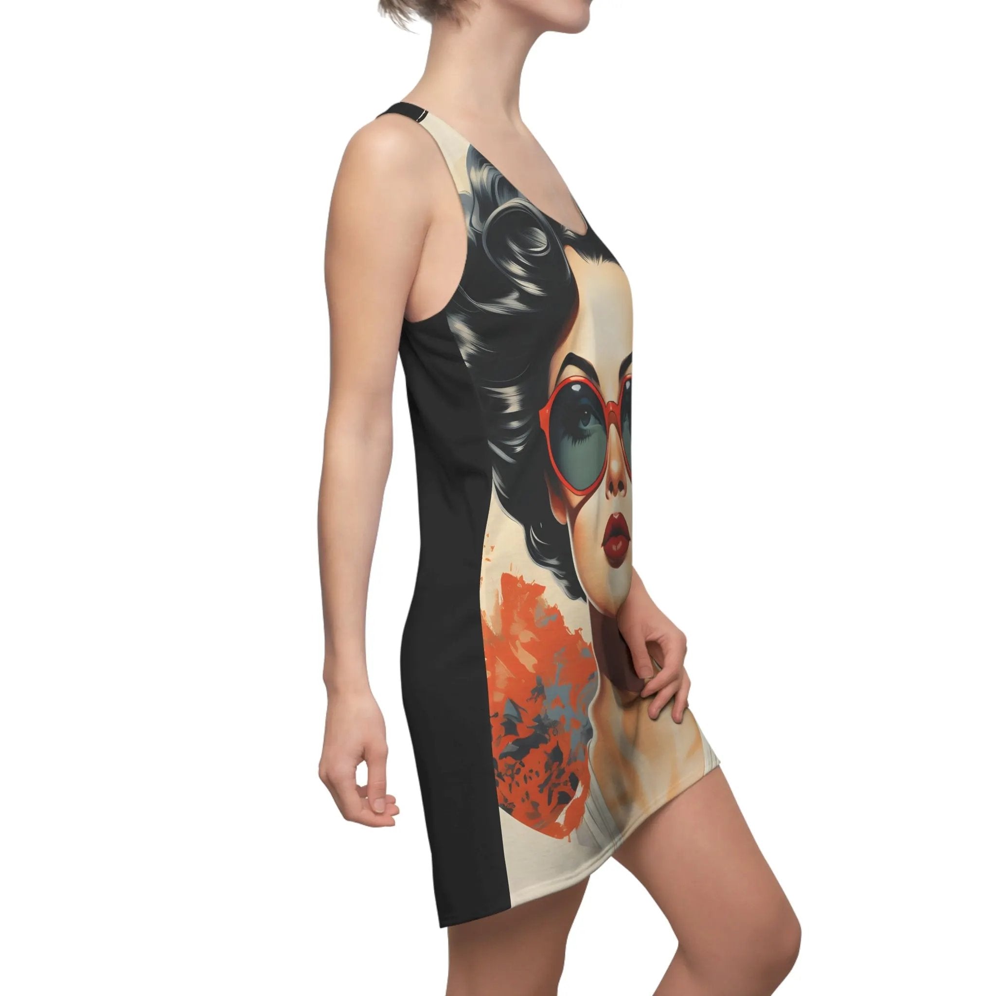 Woman summer dress | a woman wearing a dress with a picture of a woman on it