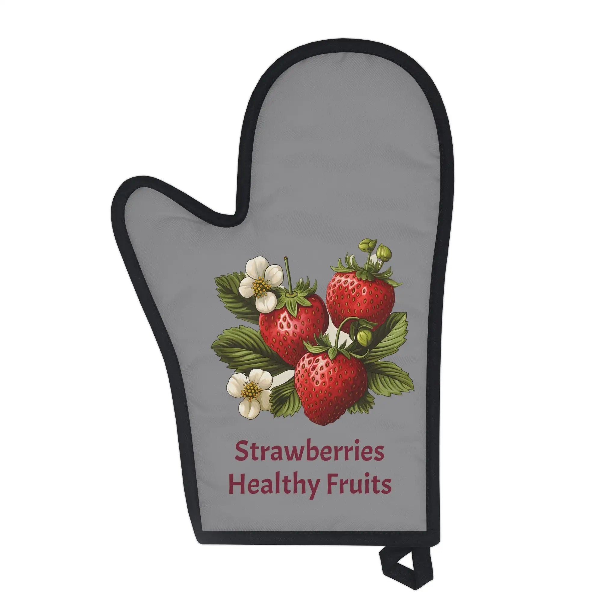 oven mitt | a gray oven mitt with strawberries on it