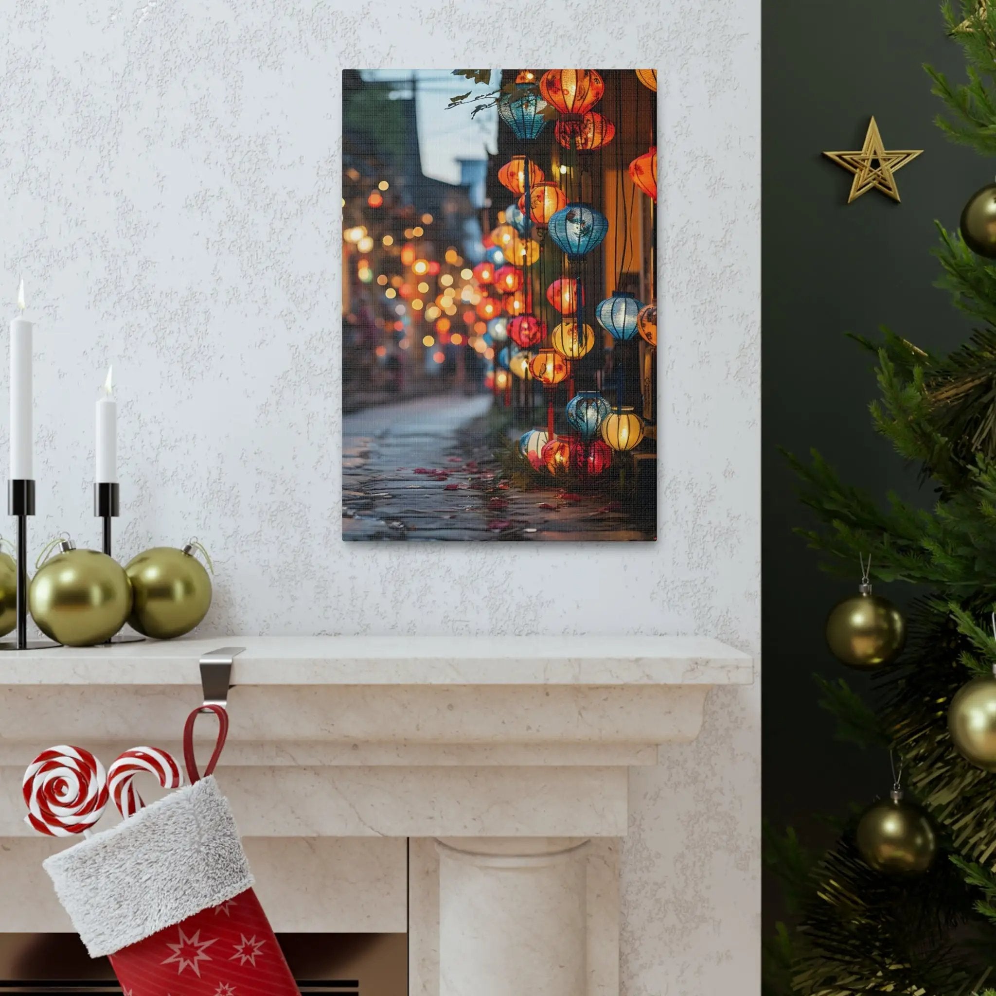 Canvas Gallery Wraps | a Christmas stocking hanging on a mantle next to a Christmas tree