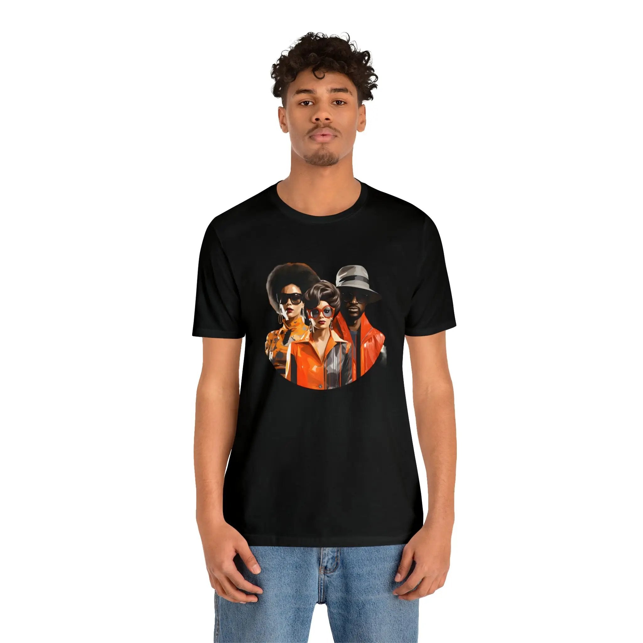 Couple t shirt | a man wearing a black t - shirt with a picture of three men on it