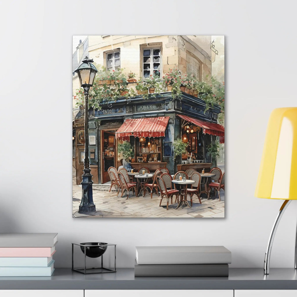 Canvas Gallery Wraps | a painting of a restaurant with tables and chairs