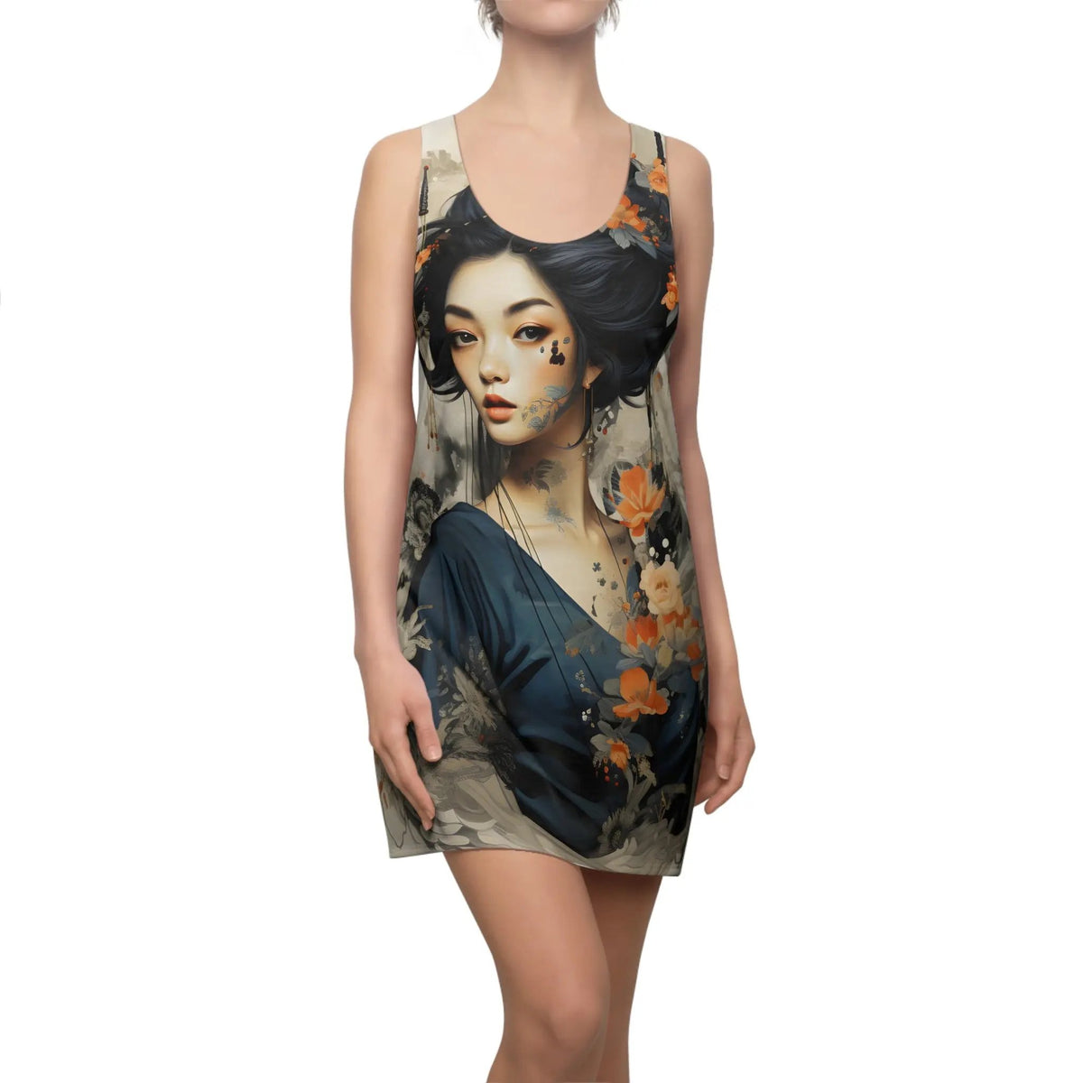 Woman summer dress | a woman wearing a dress with a picture of a woman on it