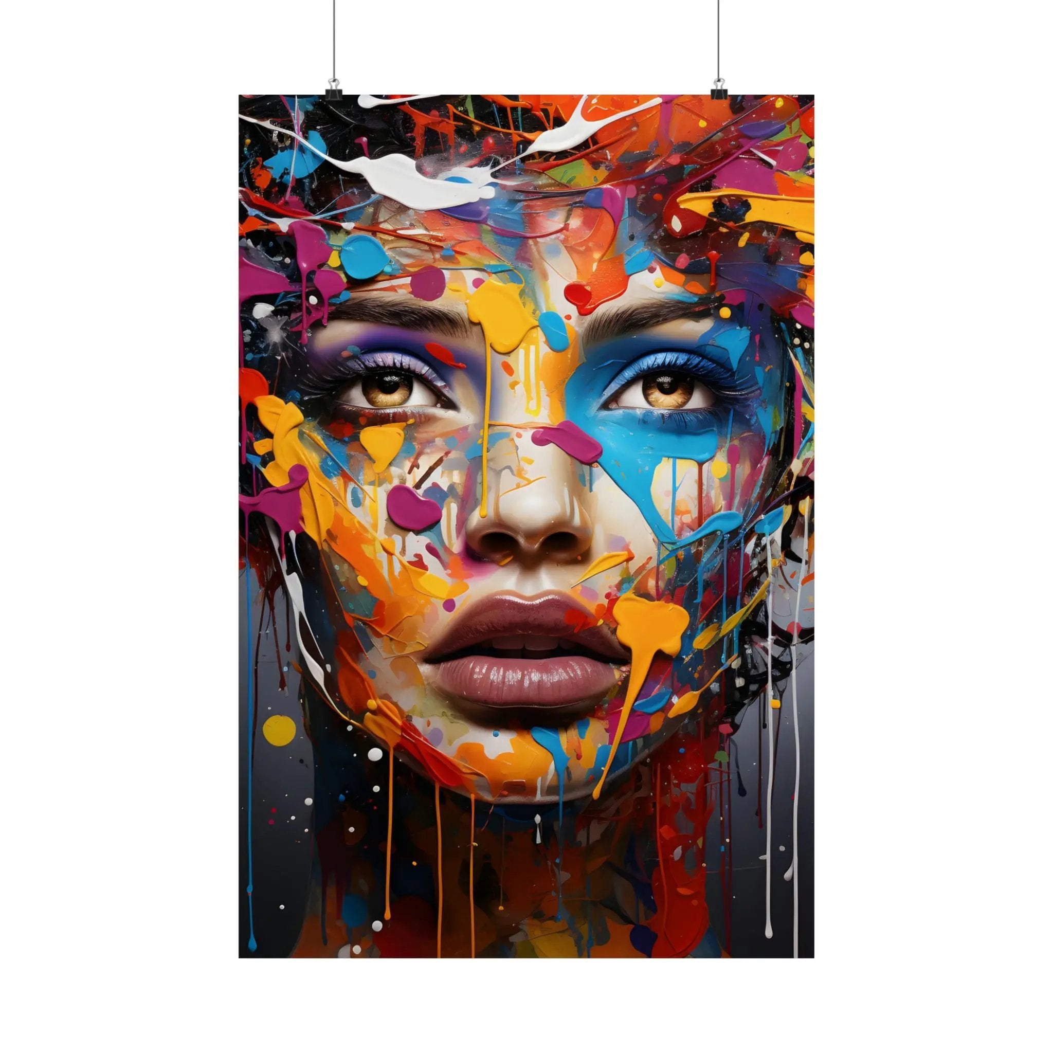 Kawaii Posters | a woman's face with colorful paint splattered all over it