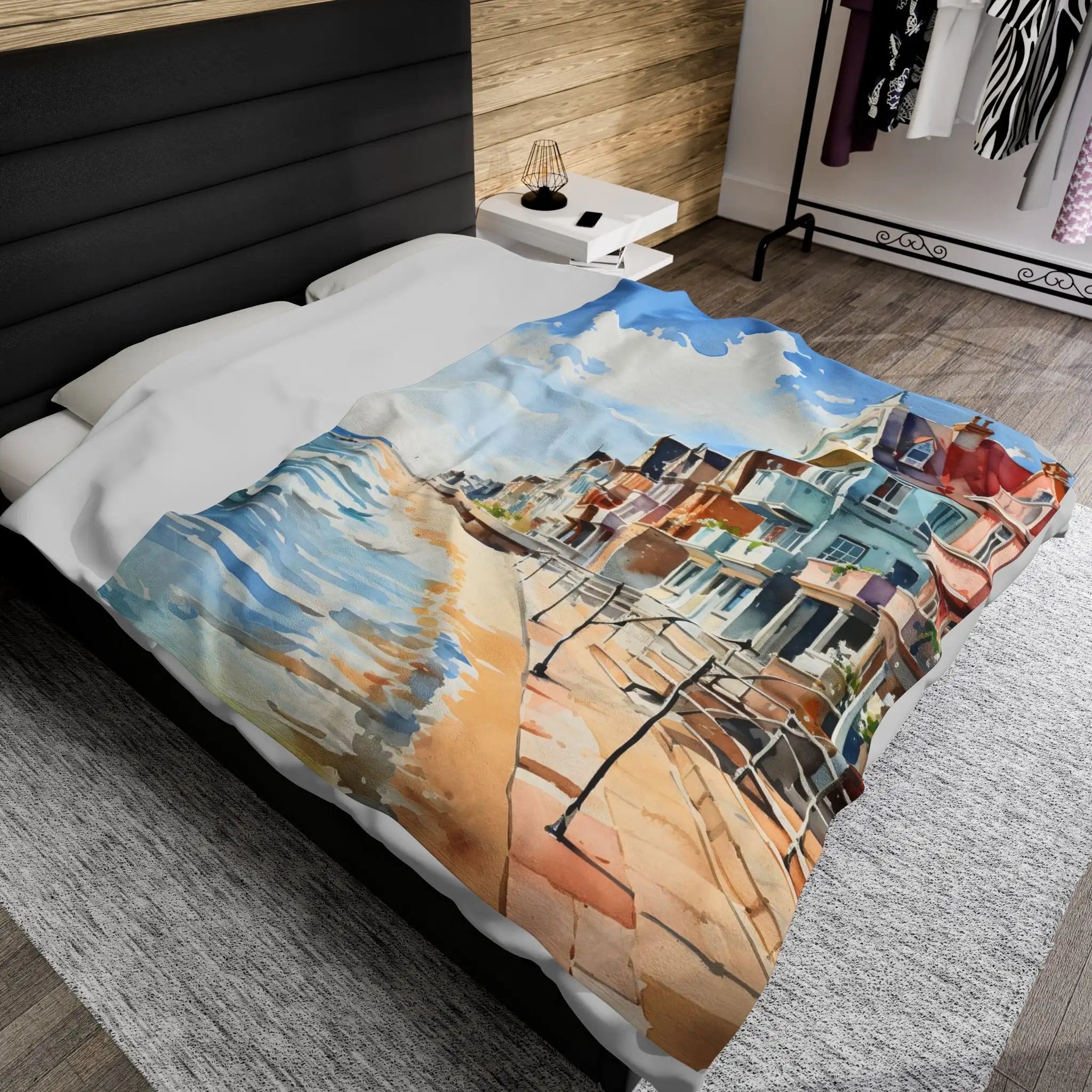 bedroom Blanket | a bed with a picture of a city on it