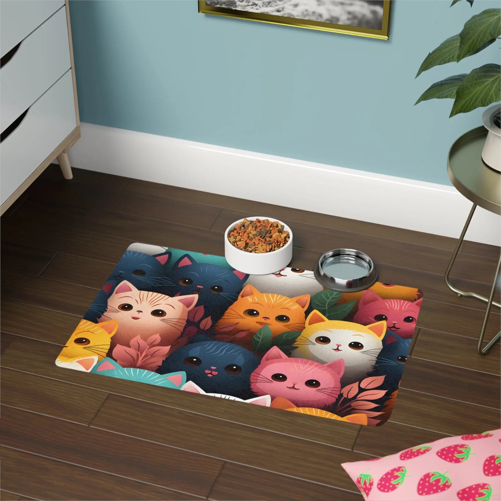 Pet Food Mat | a room with a cat mat on the floor