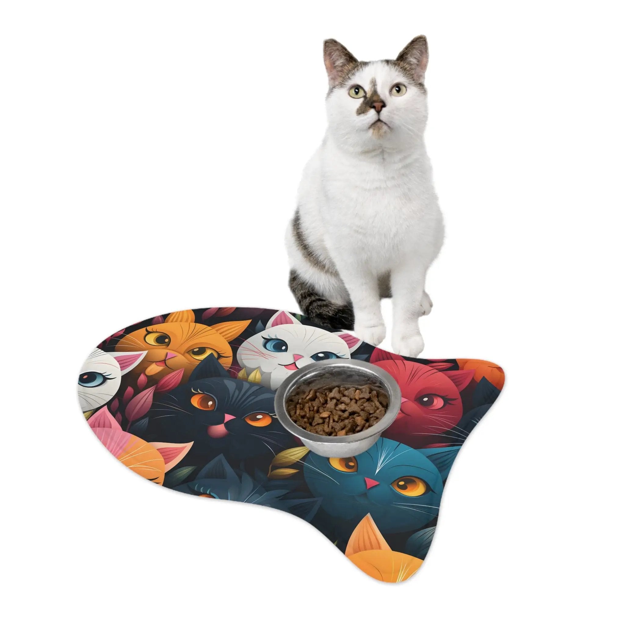 Pet Feeding Mats | a cat sitting on top of a cat food dish