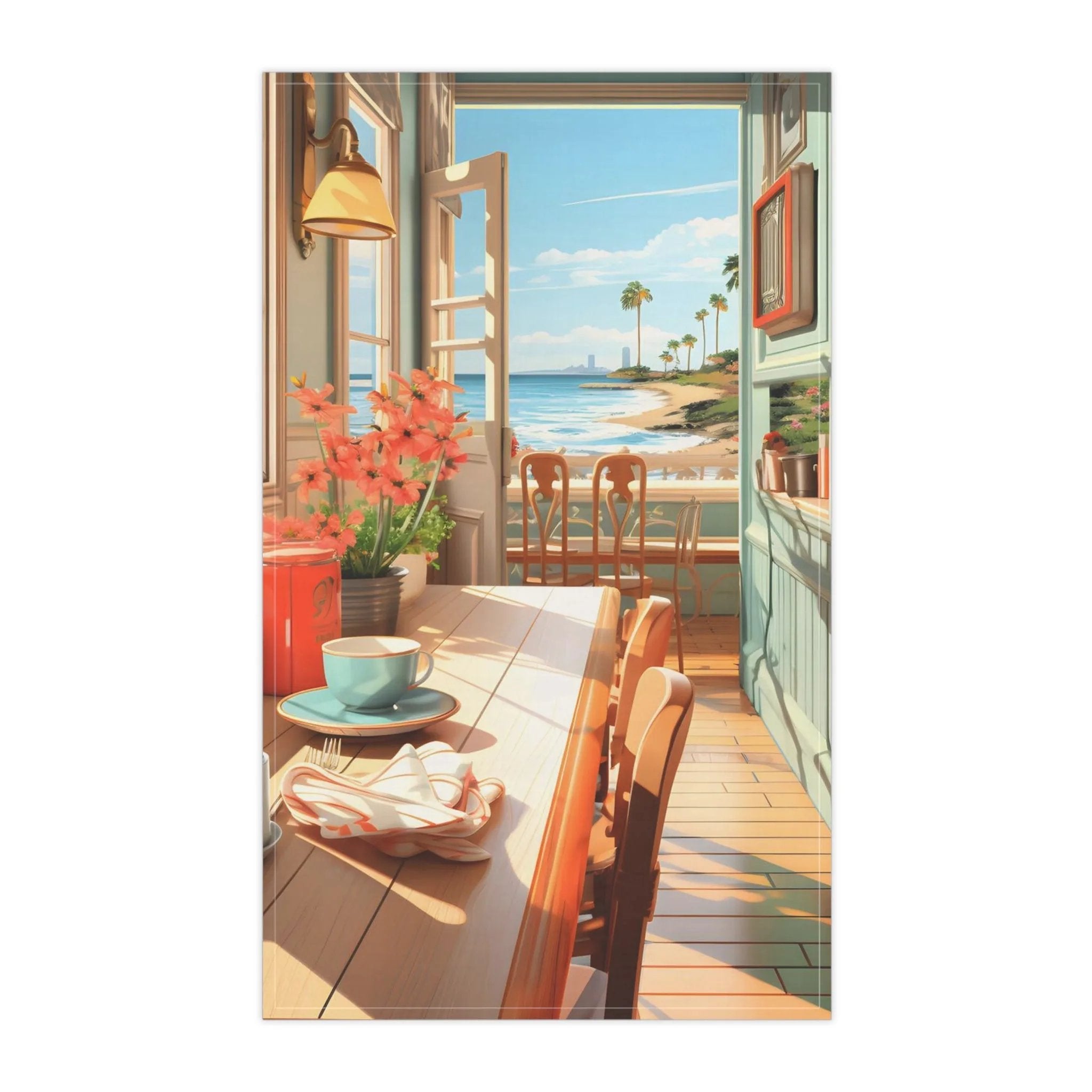 Kitchen Towel | a painting of a dining room table with a view of the beach