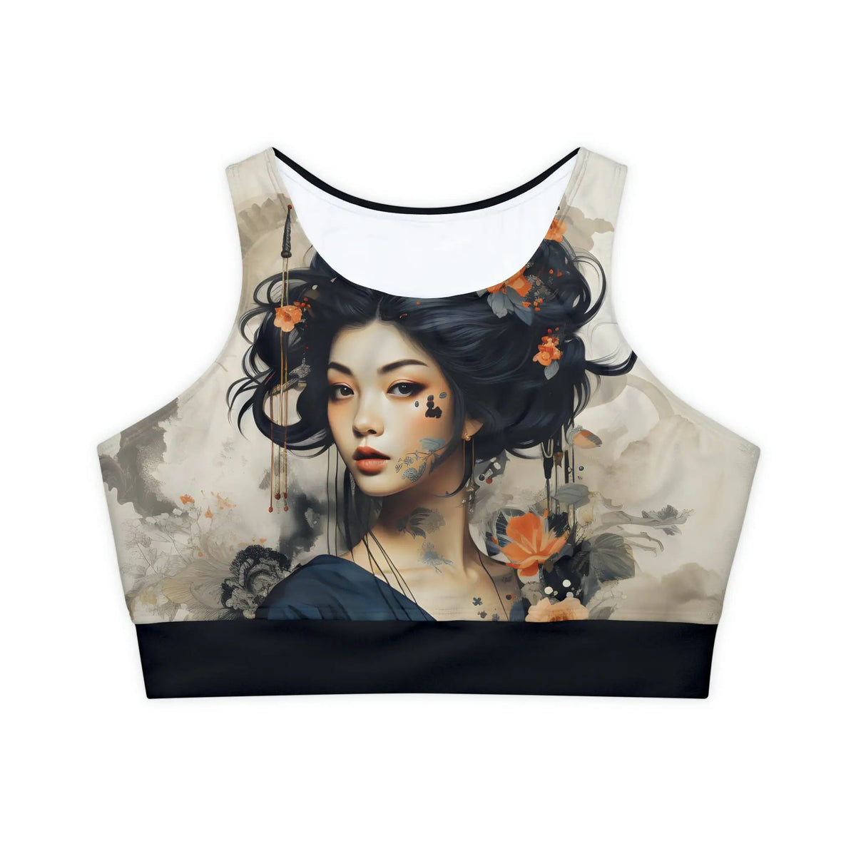 woman sports bra | a women's crop top with a picture of a woman with flowers on her