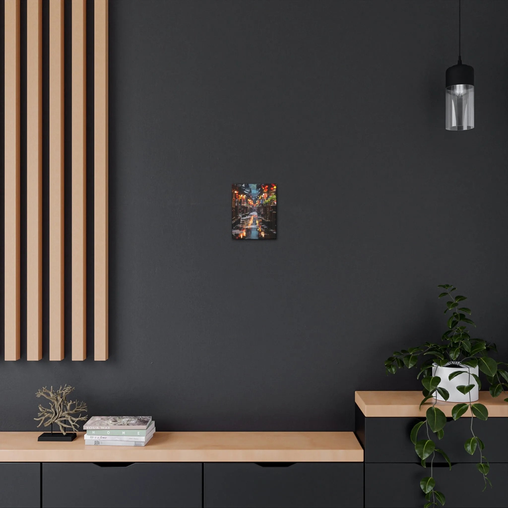 Canvas Gallery Wraps | a black wall with a wooden shelf and a plant