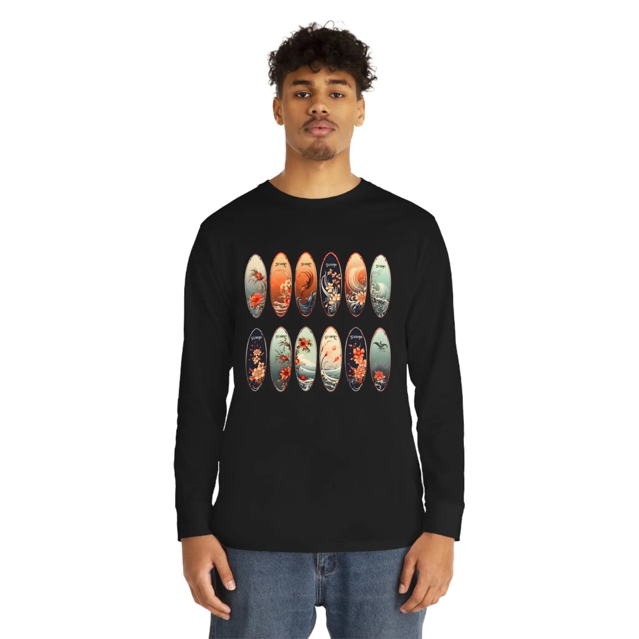 Long Sleeve t shirt | a man wearing a black long sleeve shirt with a bunch of surfboards on it