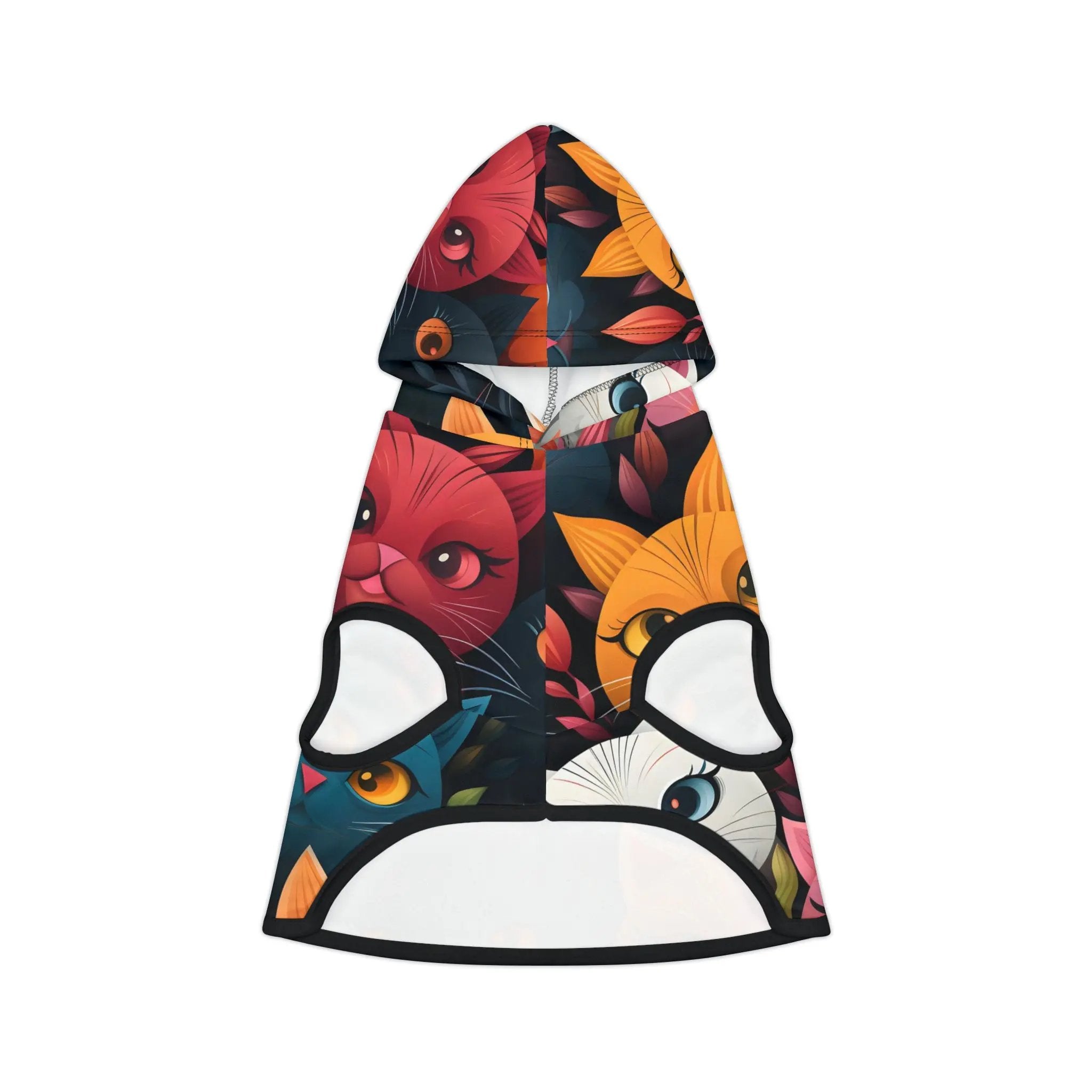 Pet hoodie | a dog wearing a colorful hoodie with cats on it