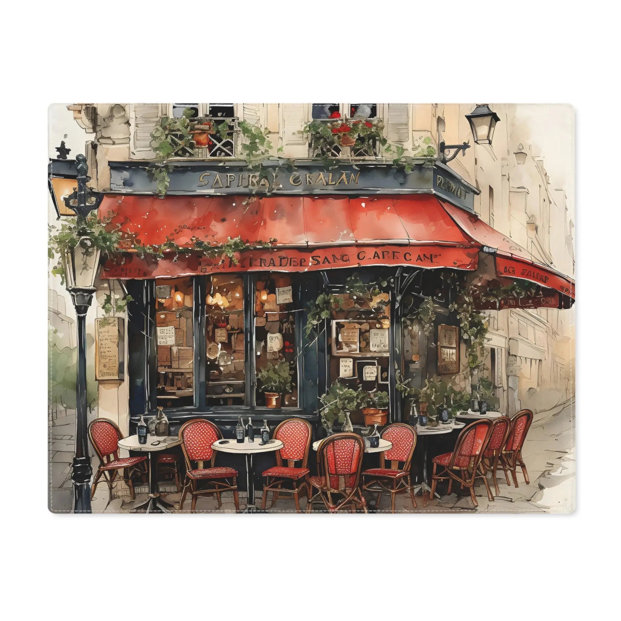 Placemat | a painting of a restaurant with red chairs and a red awning