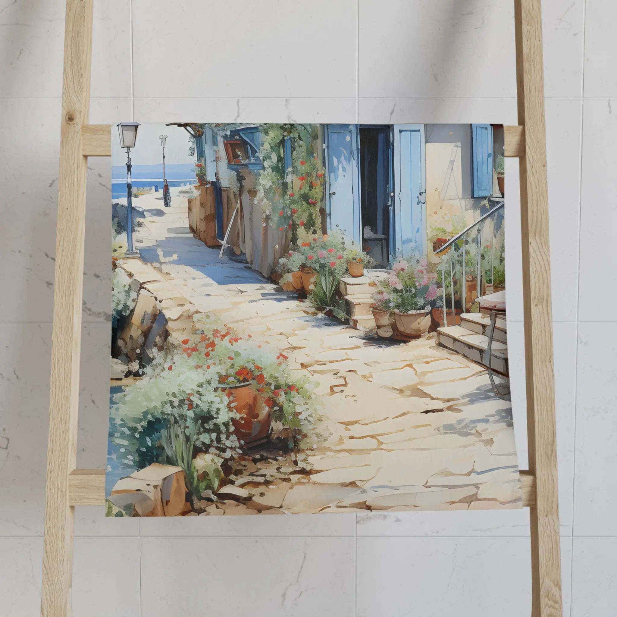 Hand towel | a painting of a street with a blue door