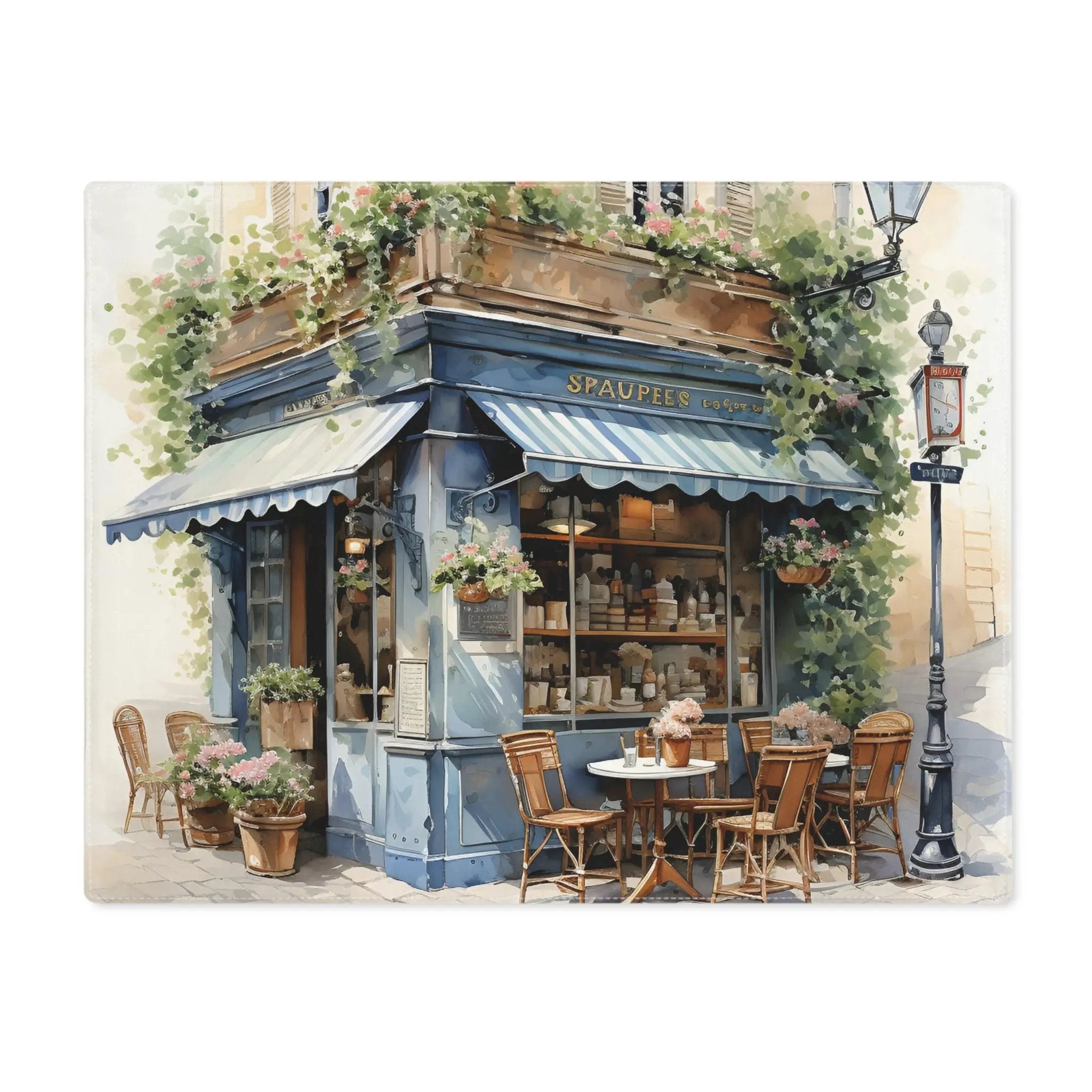 Placemat | a painting of a restaurant with tables and chairs