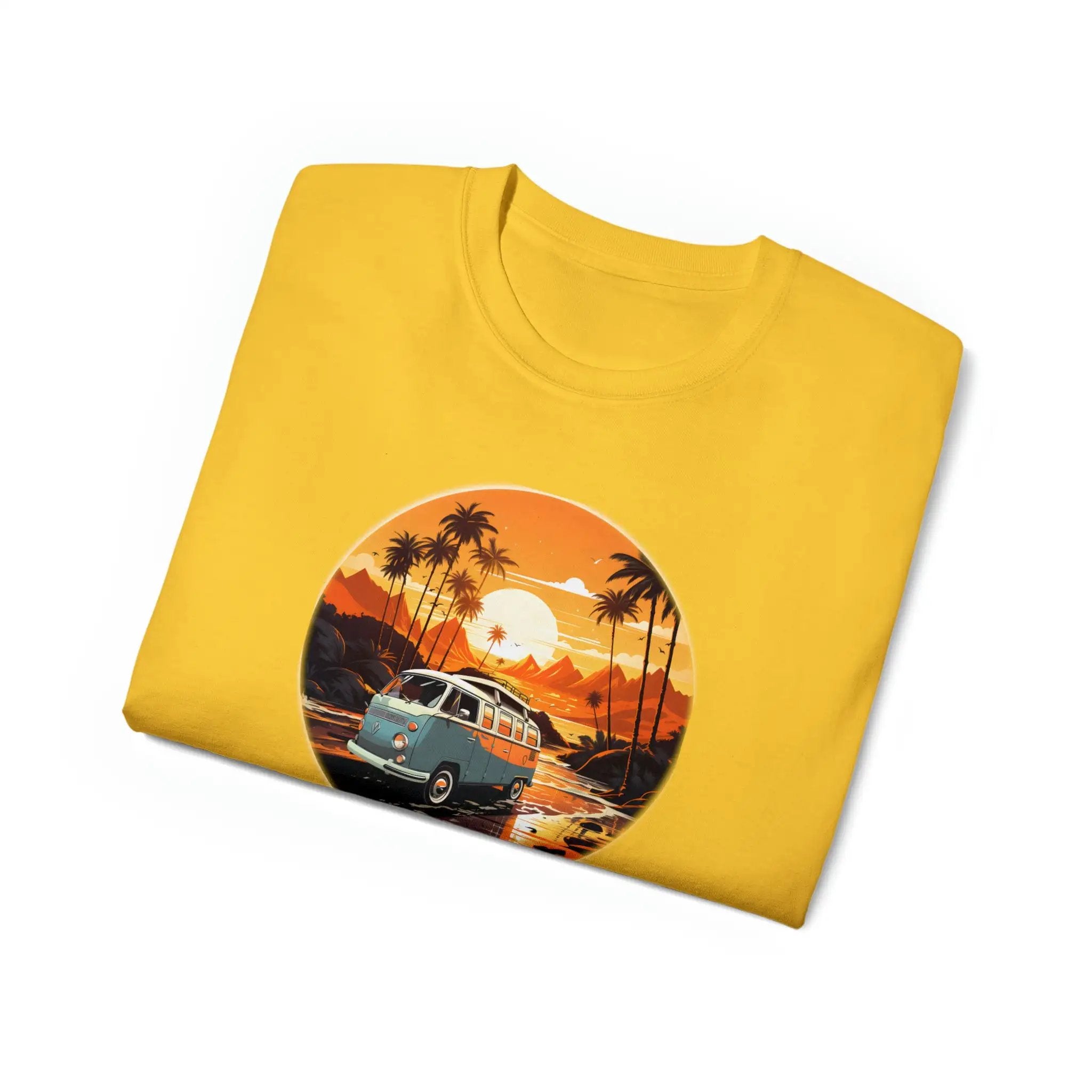 men tee graphic | a yellow t - shirt with an image of a van bus