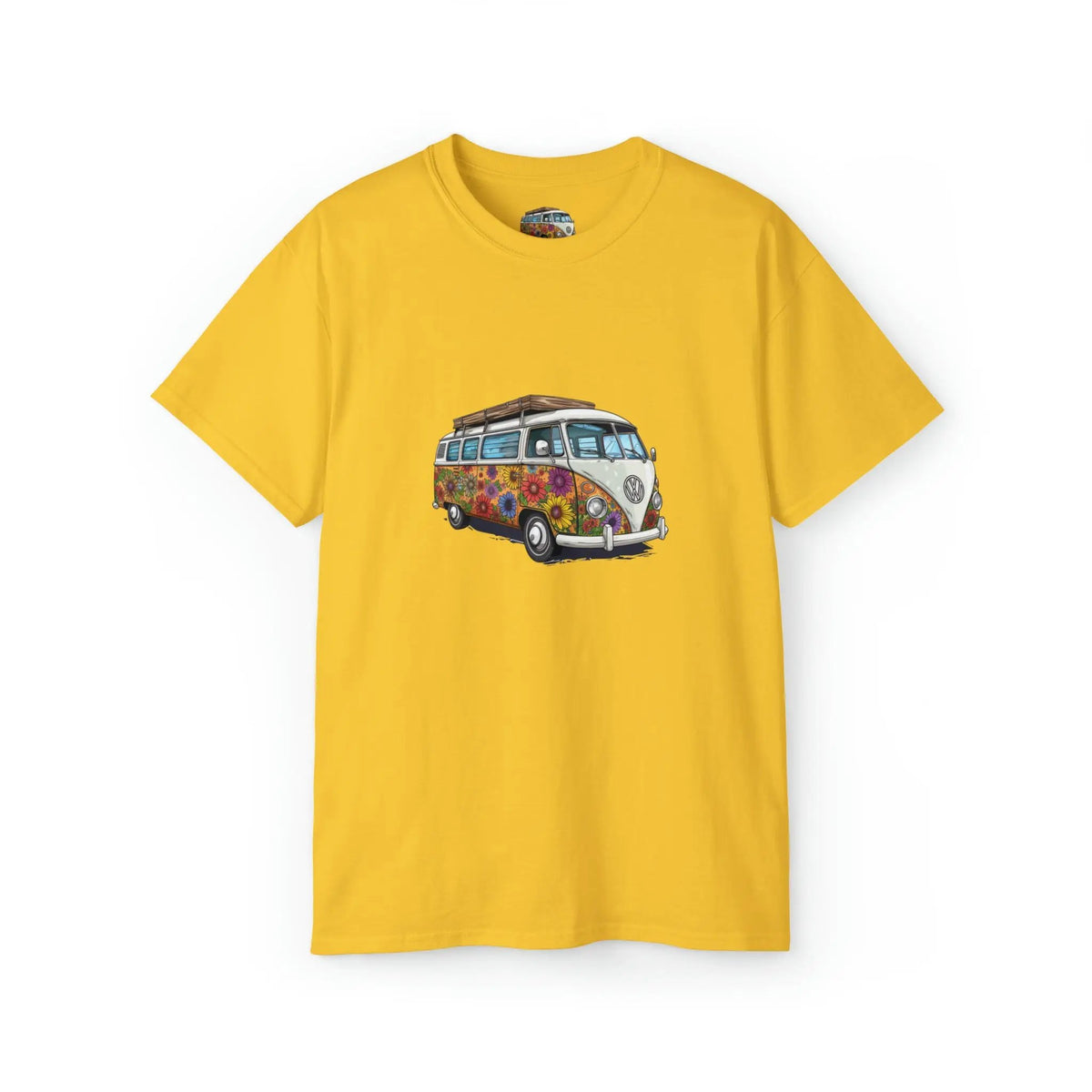 men tee graphic | a yellow t - shirt with an image of a van bus