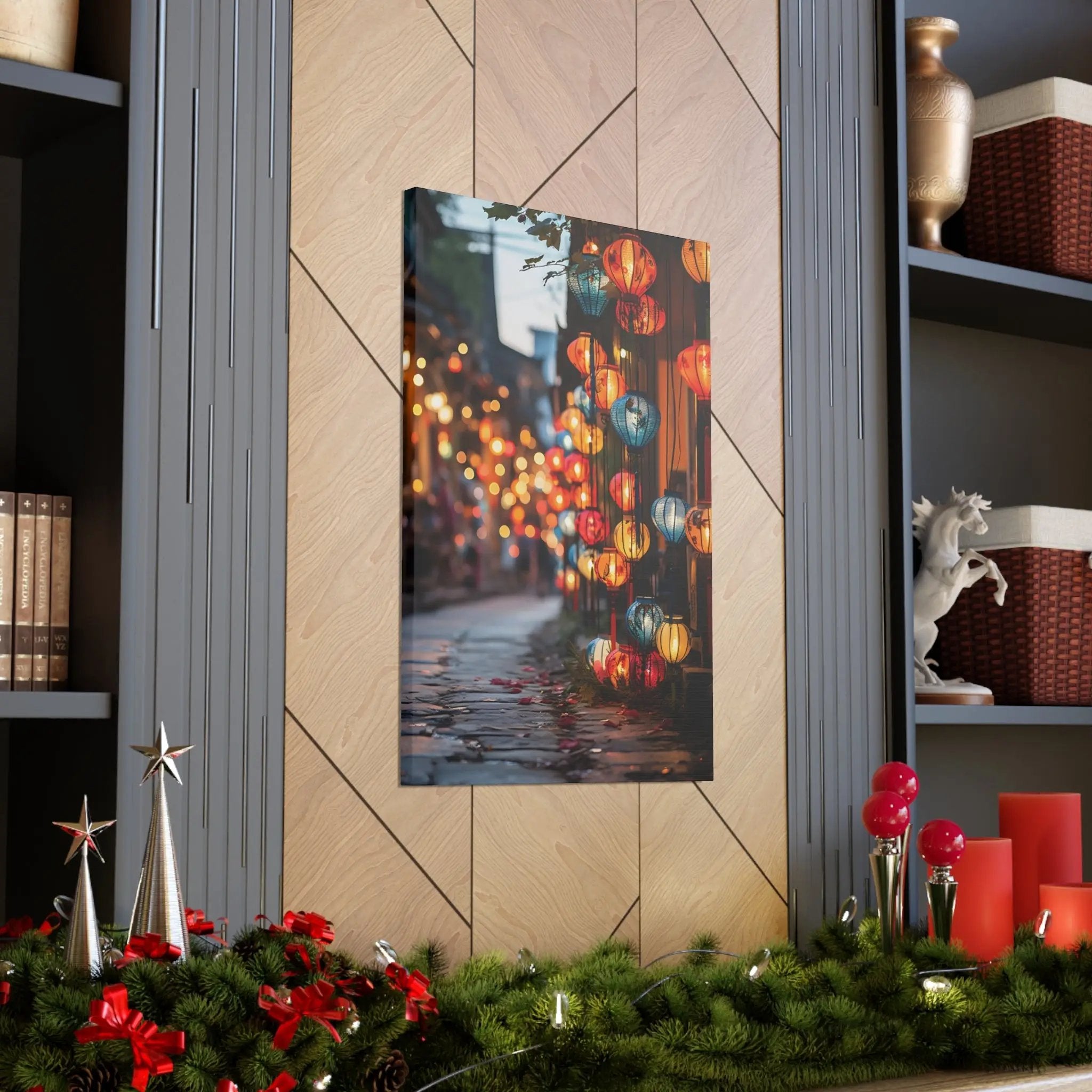 Canvas Gallery Wraps | a picture of a city street with Christmas decorations