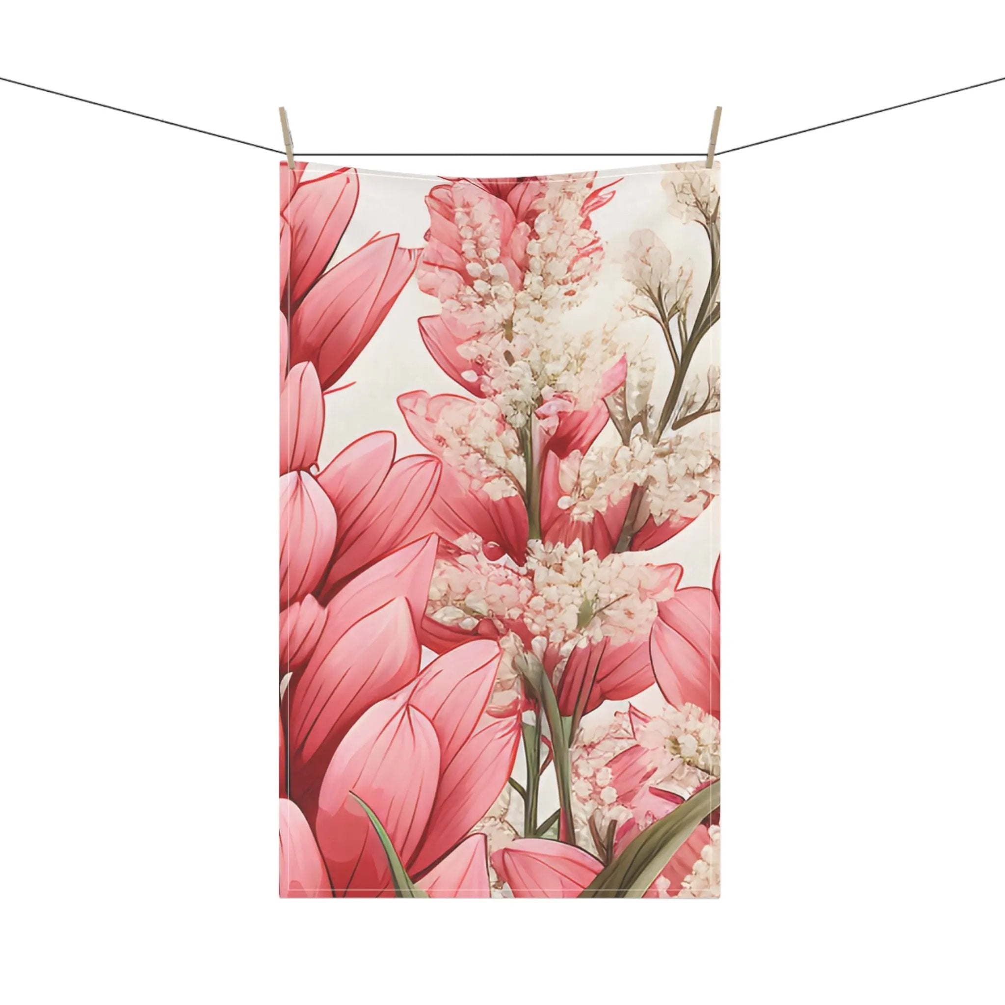 Kitchen Towel | a picture of pink flowers hanging on a clothes line