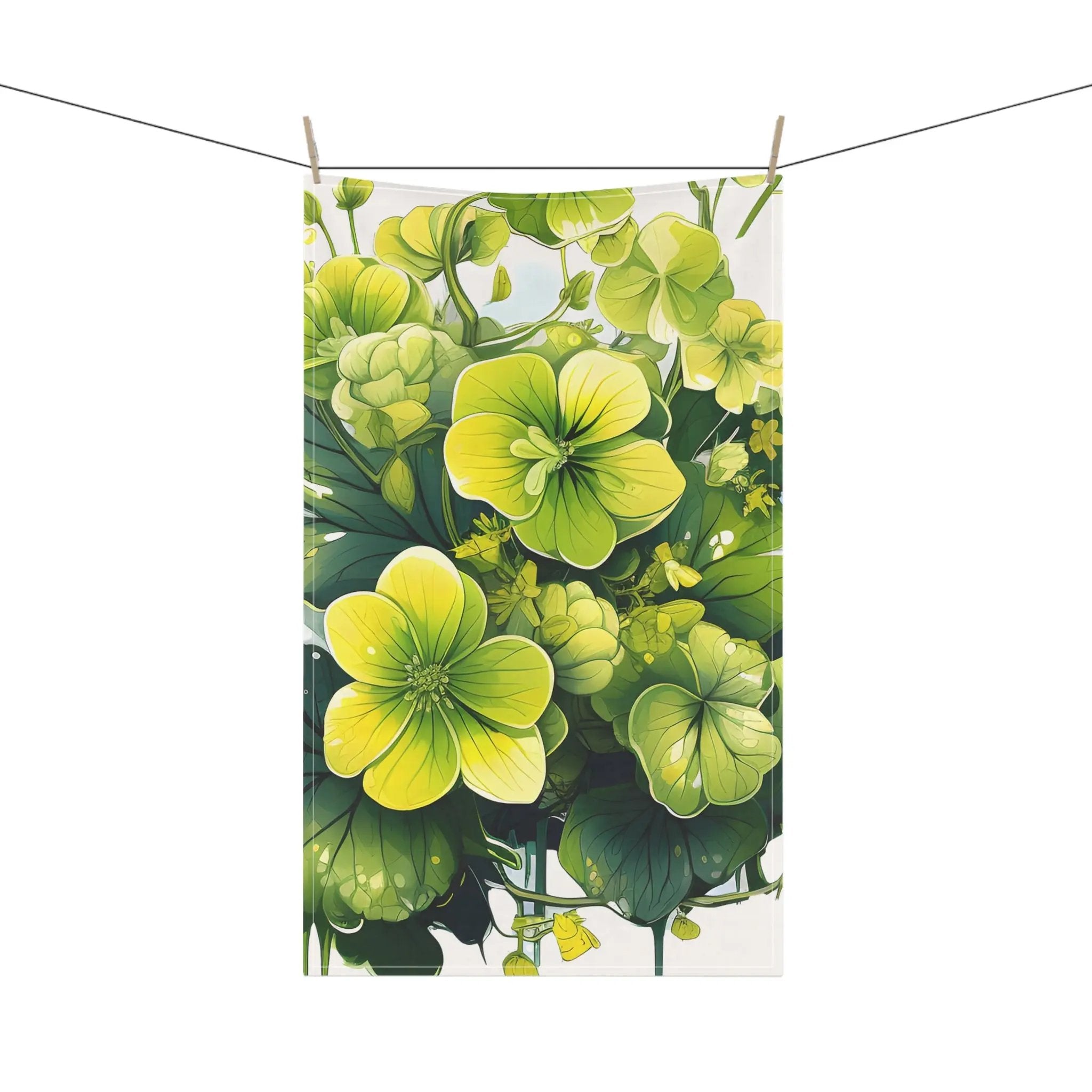 Kitchen Towel | a painting of green flowers hanging on a clothes line